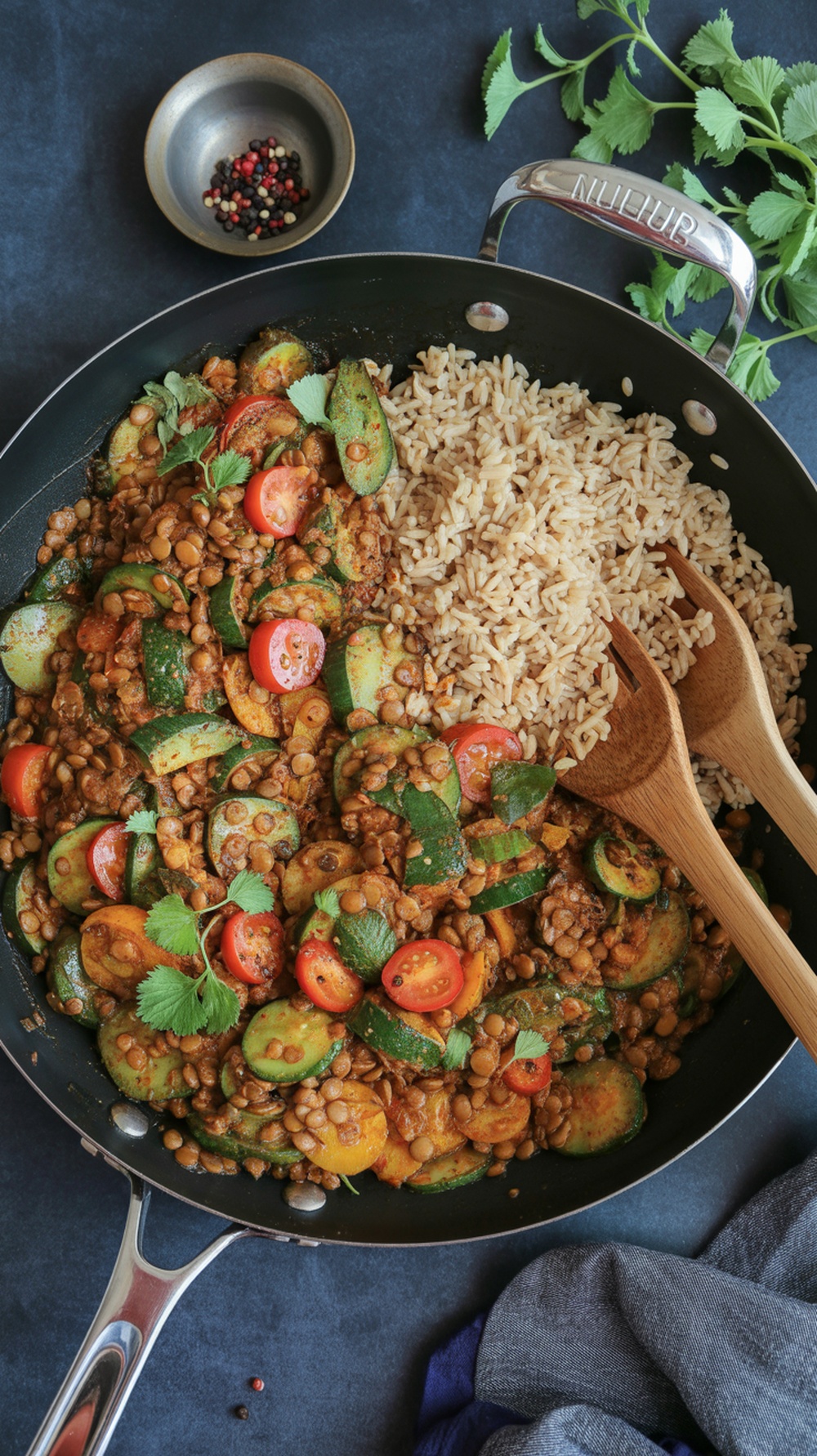 A colorful lentil and vegetable stir-fry with brown rice, garnished with cilantro.