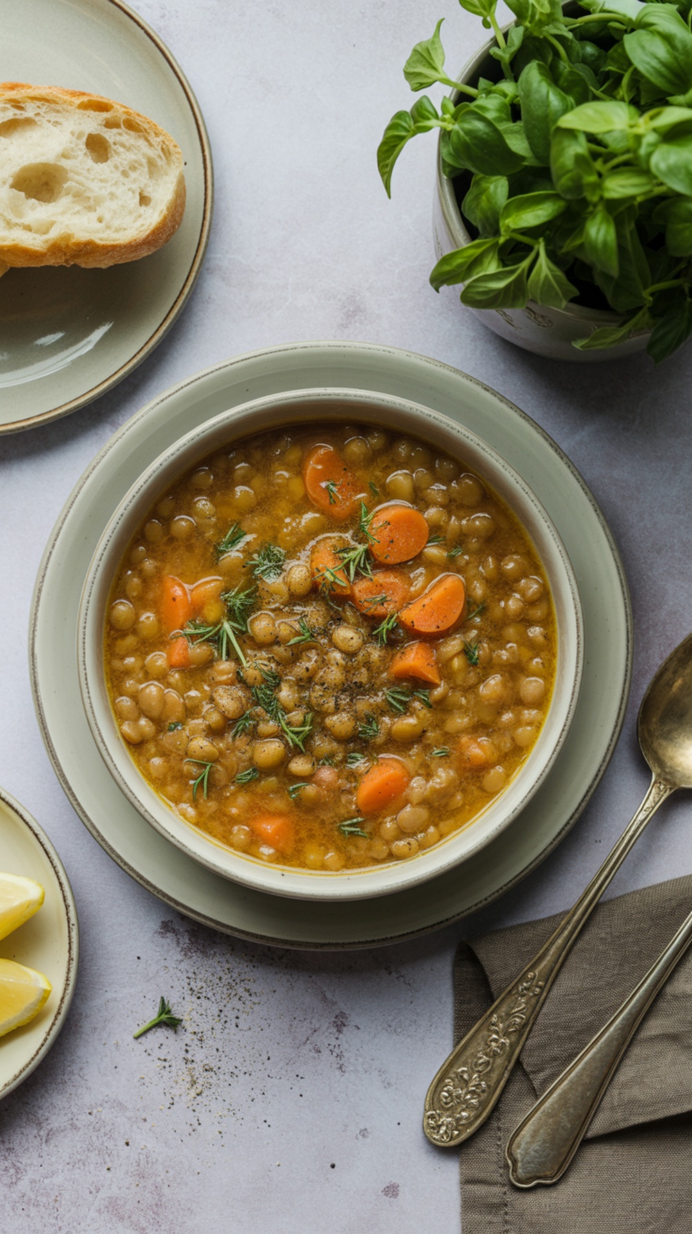 A bowl of lentil soup with fresh herbs and carrots, served with a slice of bread.