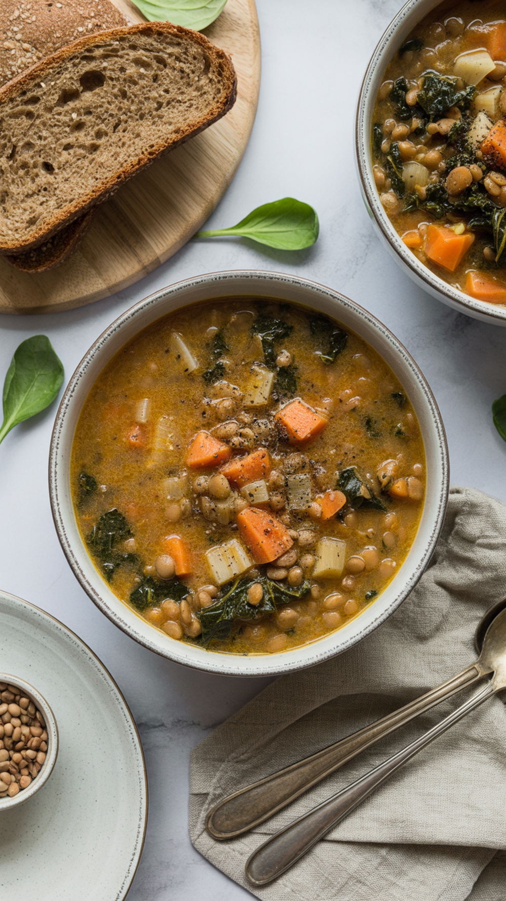 A bowl of lentil soup with kale and slices of bread on a wooden board.