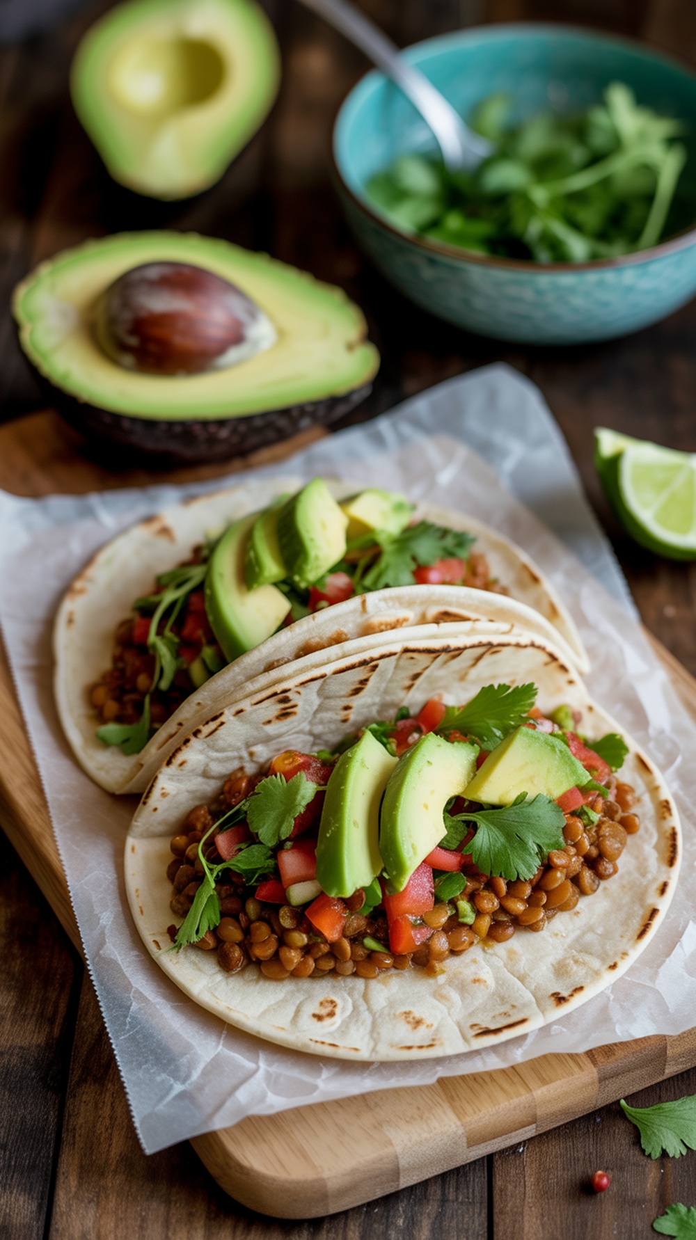 Lentil tacos topped with avocado and cilantro on a wooden board.