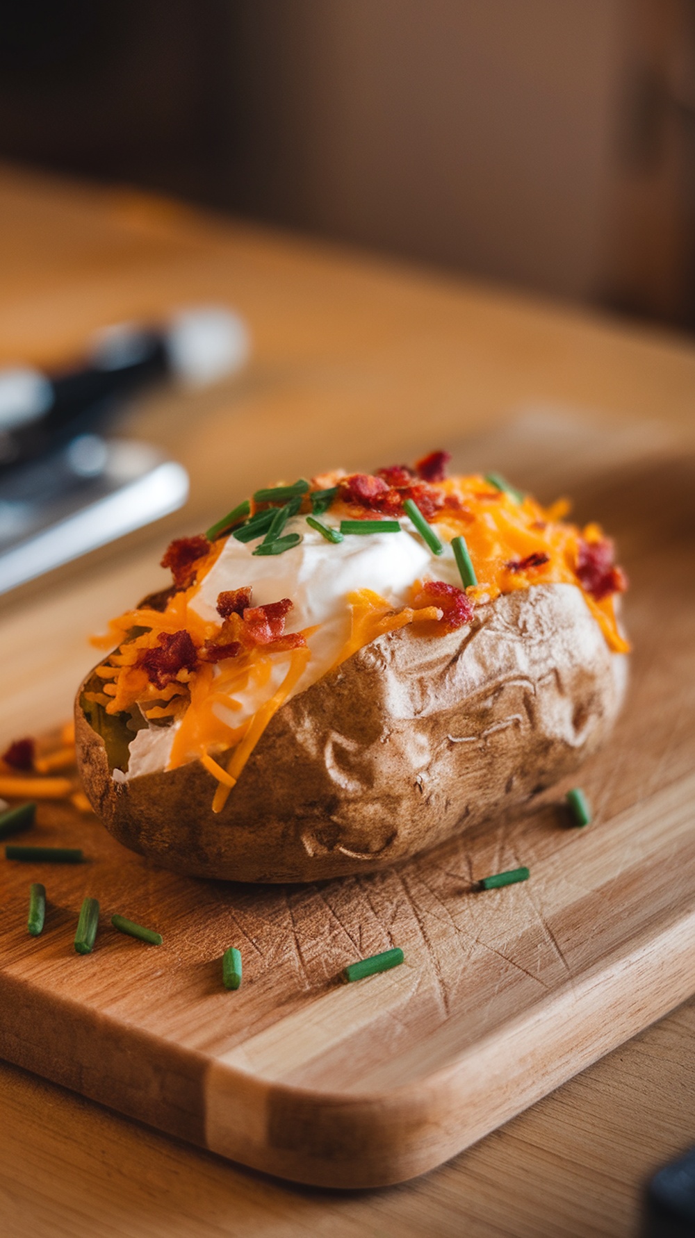 A loaded baked potato topped with cheese, bacon bits, and chives on a wooden cutting board.