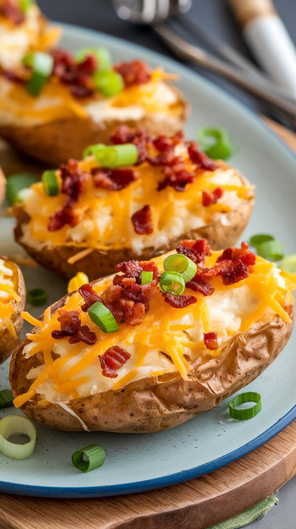 Delicious loaded potato skins topped with cheese, bacon, and green onions on a plate.