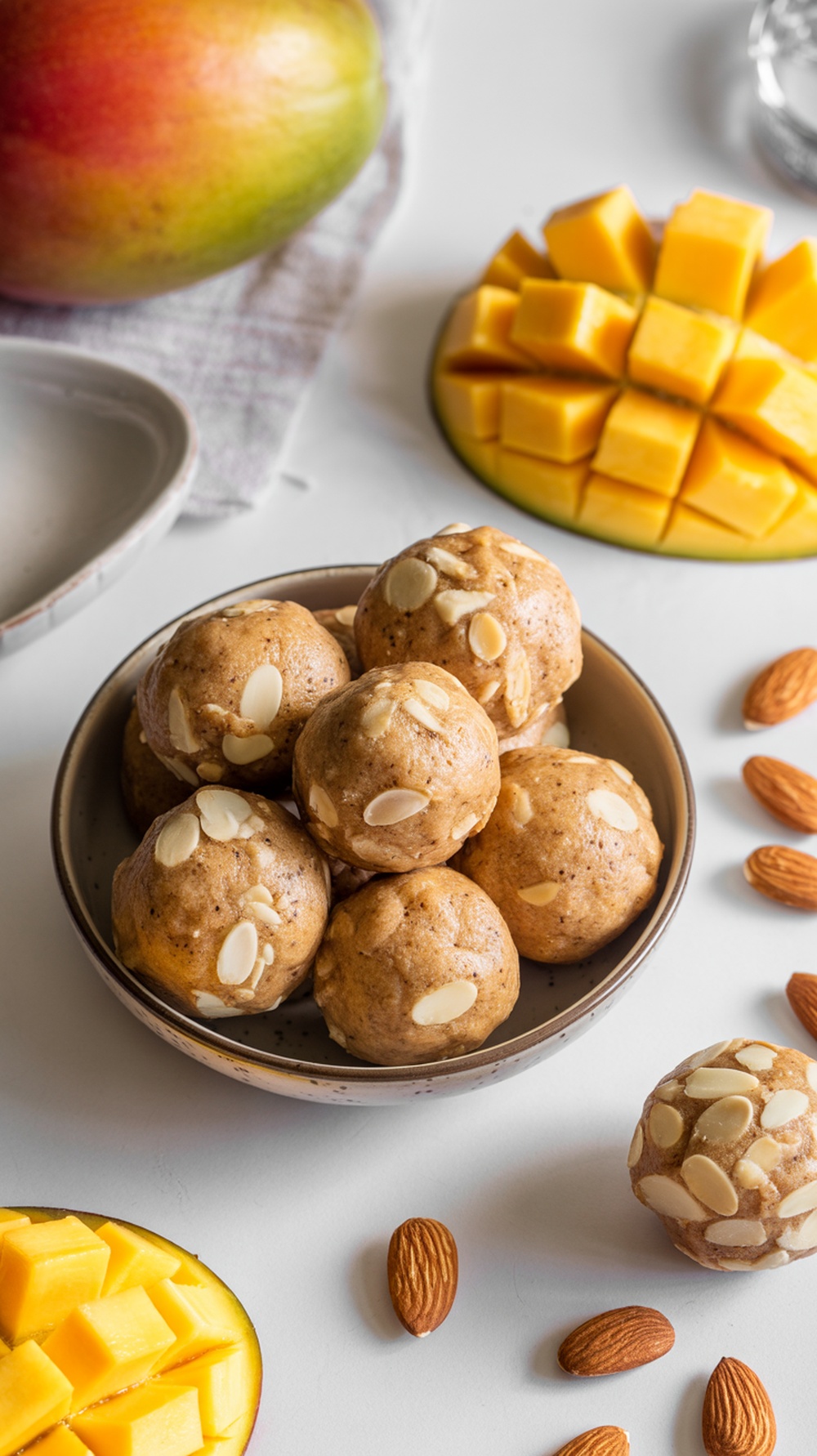 A bowl of mango almond energy bites surrounded by mango pieces and almonds.