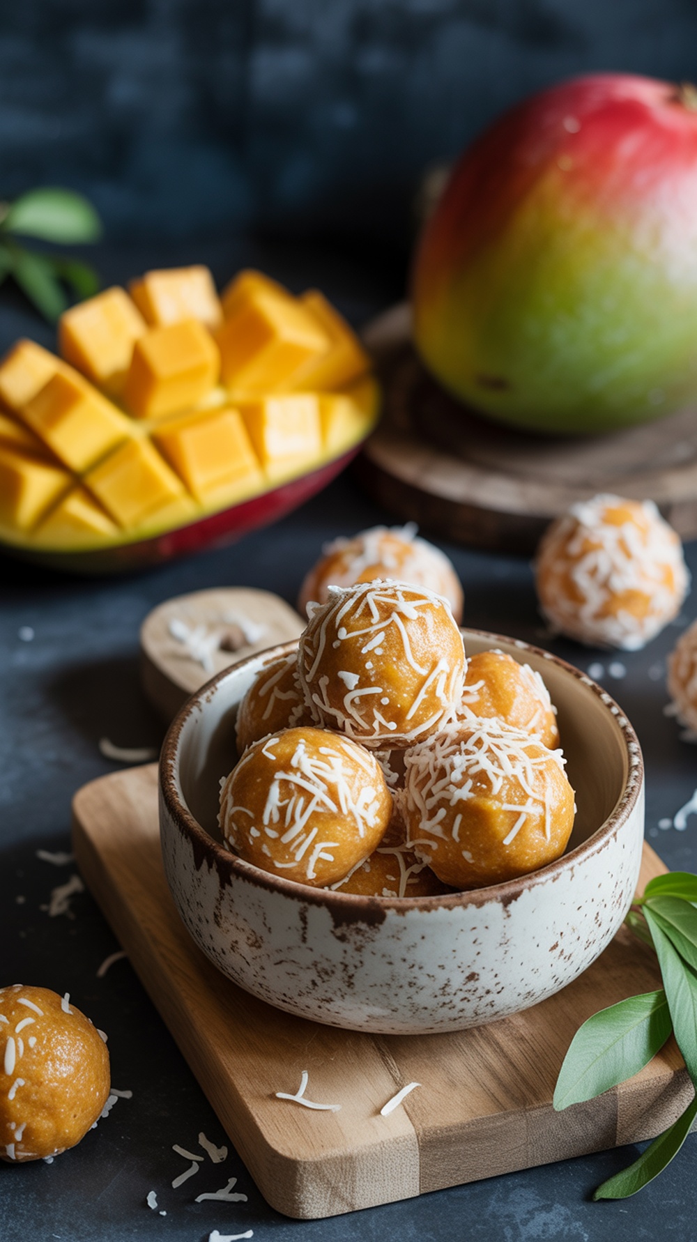 A bowl of mango coconut energy balls topped with shredded coconut, alongside fresh mango chunks and a whole mango.