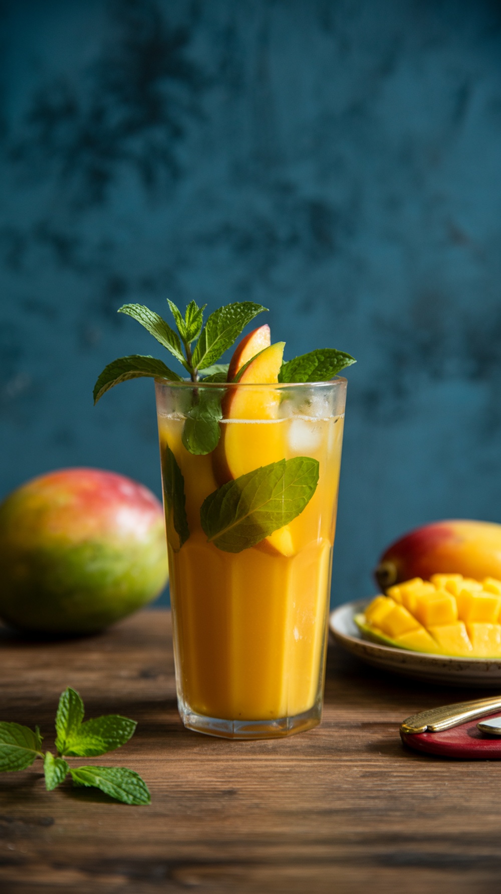 A refreshing glass of mango mint iced tea garnished with mint leaves and mango slices