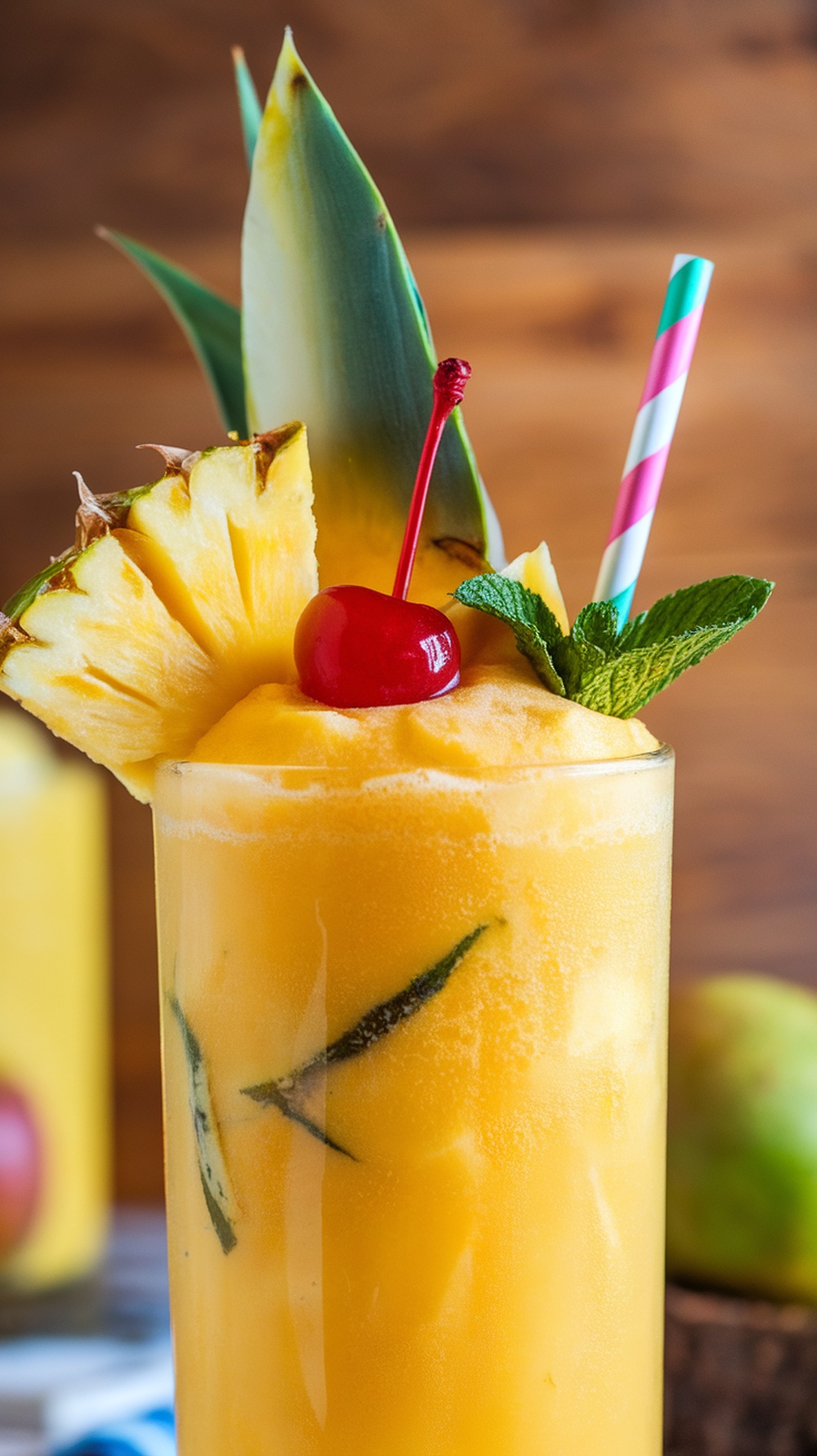 A colorful mango pineapple slush drink with garnishes.