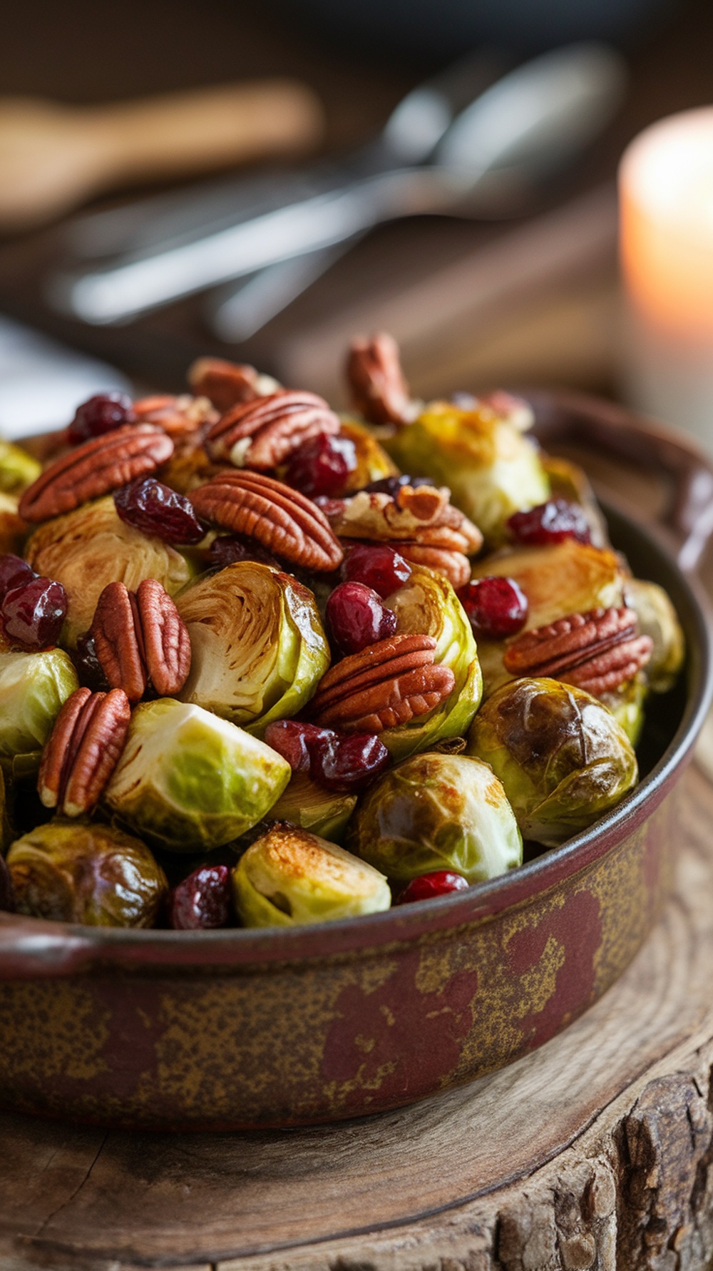 A dish of maple-glazed Brussels sprouts topped with pecans and cranberries