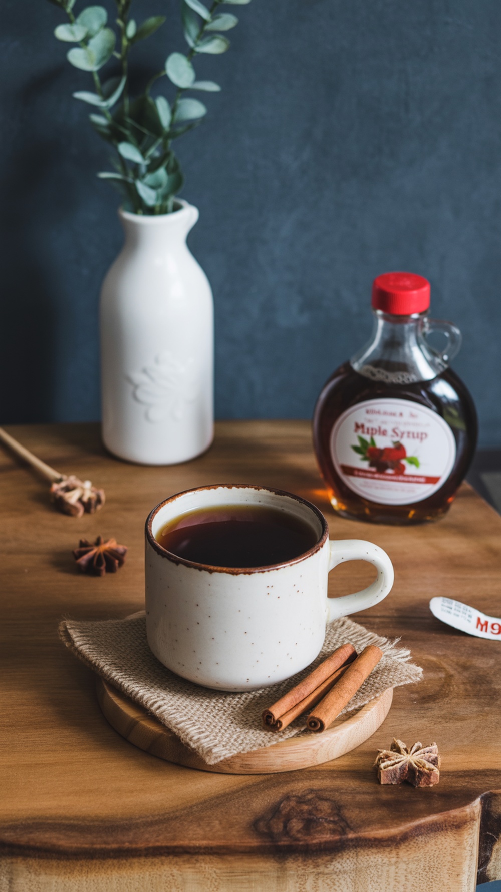 A cozy cup of coffee with cinnamon sticks and a bottle of maple syrup on a wooden table.