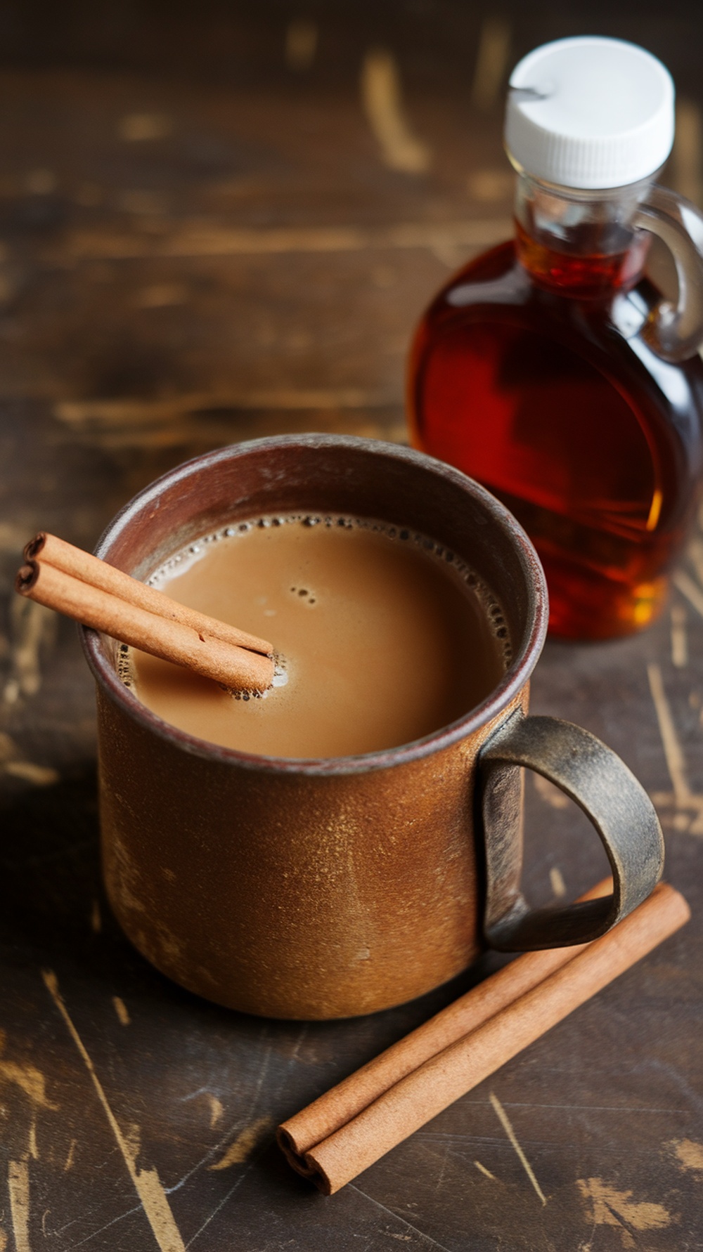 A cup of maple cinnamon protein coffee with cinnamon sticks and a bottle of syrup.
