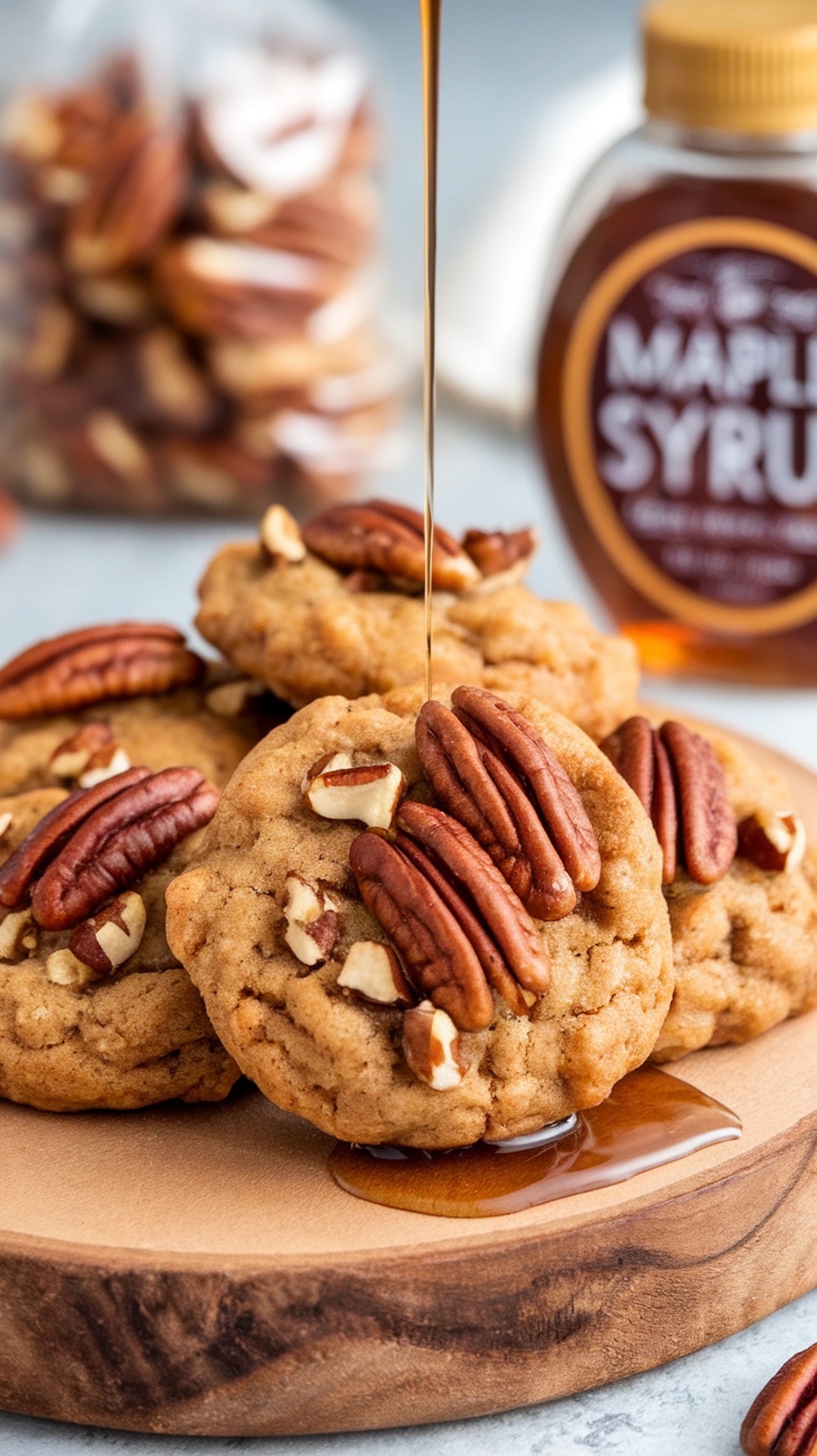 A close-up of maple pecan cookies topped with pecans and maple syrup drizzling down.