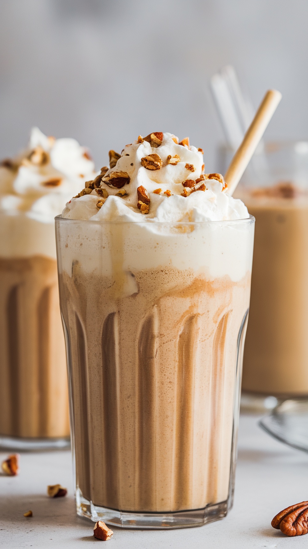 A delicious maple pecan milkshake topped with whipped cream and chopped pecans.