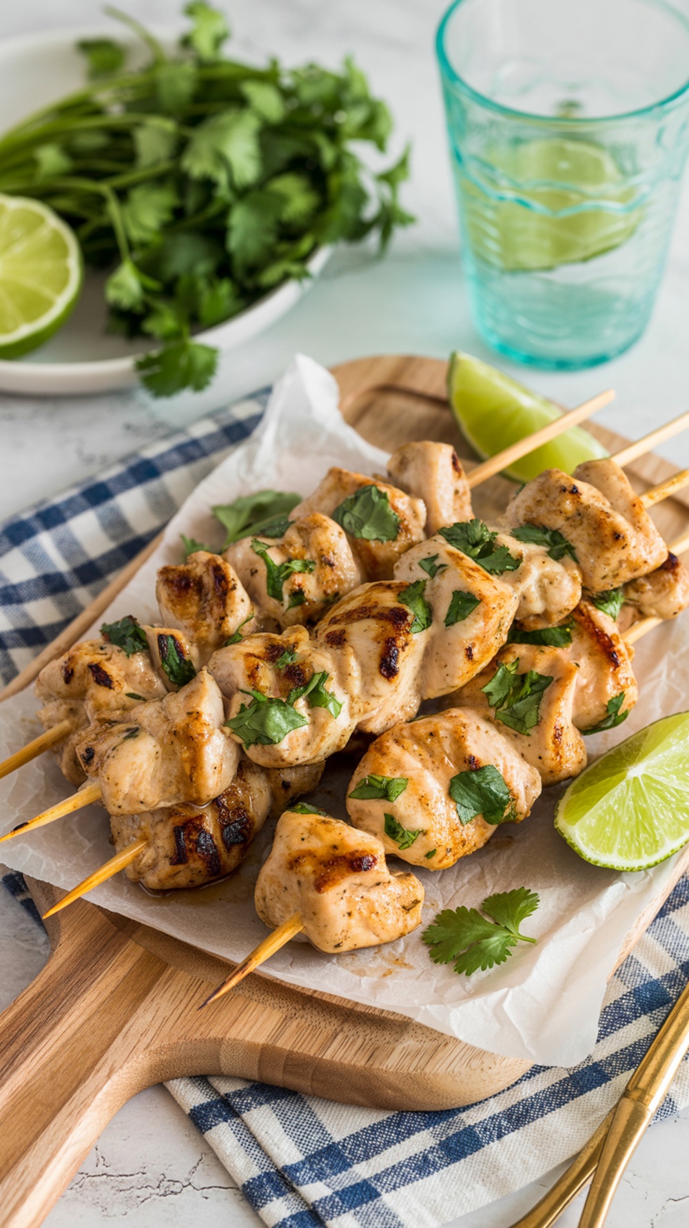 Delicious Margarita Chicken Skewers garnished with cilantro on a wooden serving platter