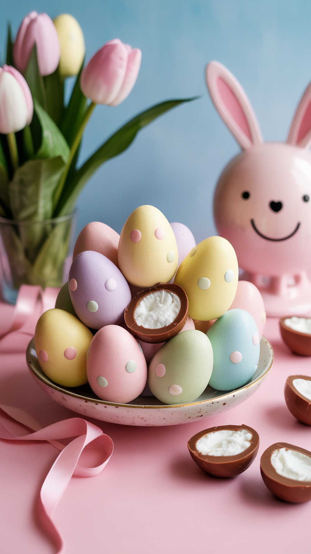 Colorful marshmallow fluff chocolate eggs on a plate with pink ribbon and flowers.