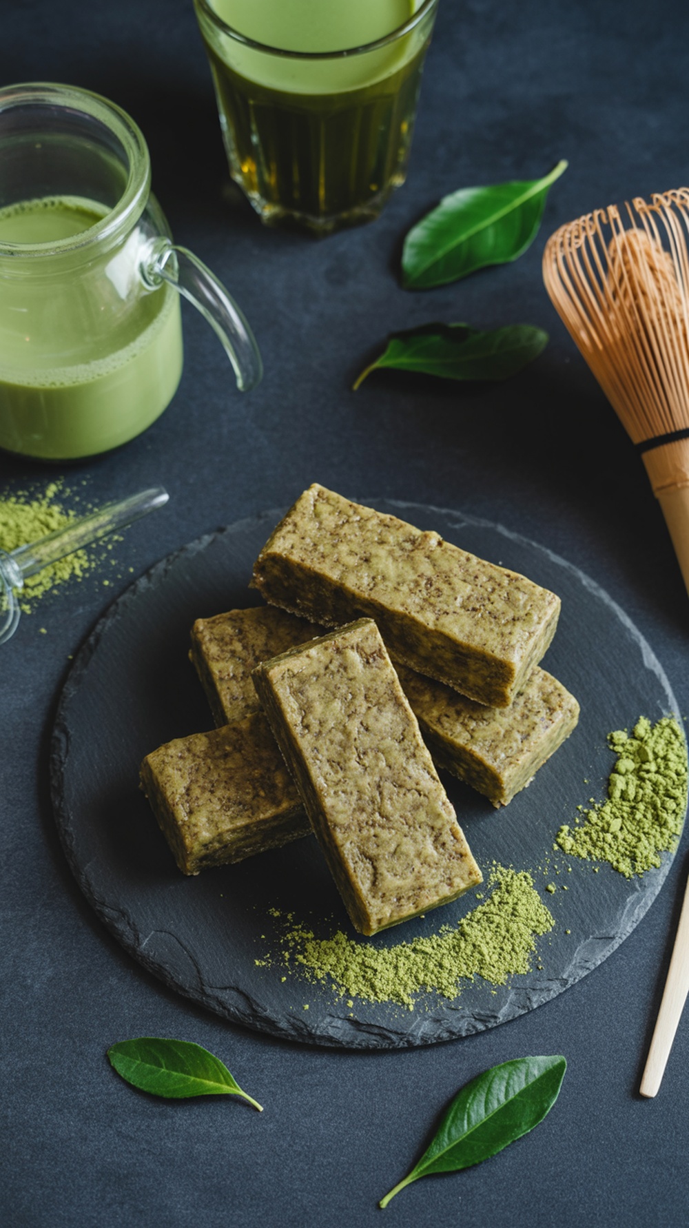Matcha green tea energy bars stacked on a slate plate with matcha powder and tea in the background.