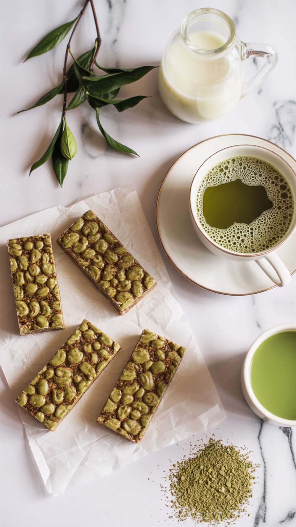 Matcha green tea energy bars with a cup of matcha tea and milk.