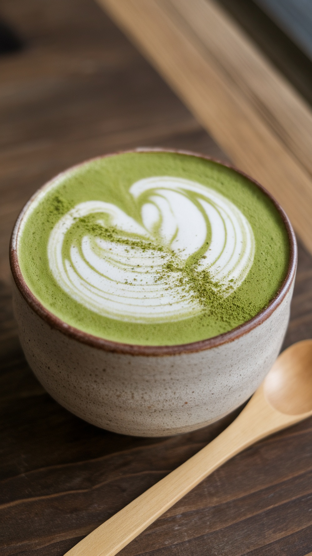 A beautifully crafted matcha green tea latte in a ceramic cup, topped with frothy milk.