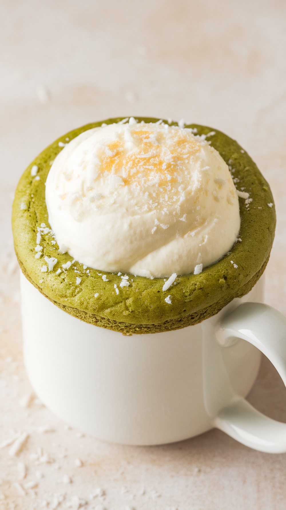 A matcha mug cake topped with coconut cream and shredded coconut.