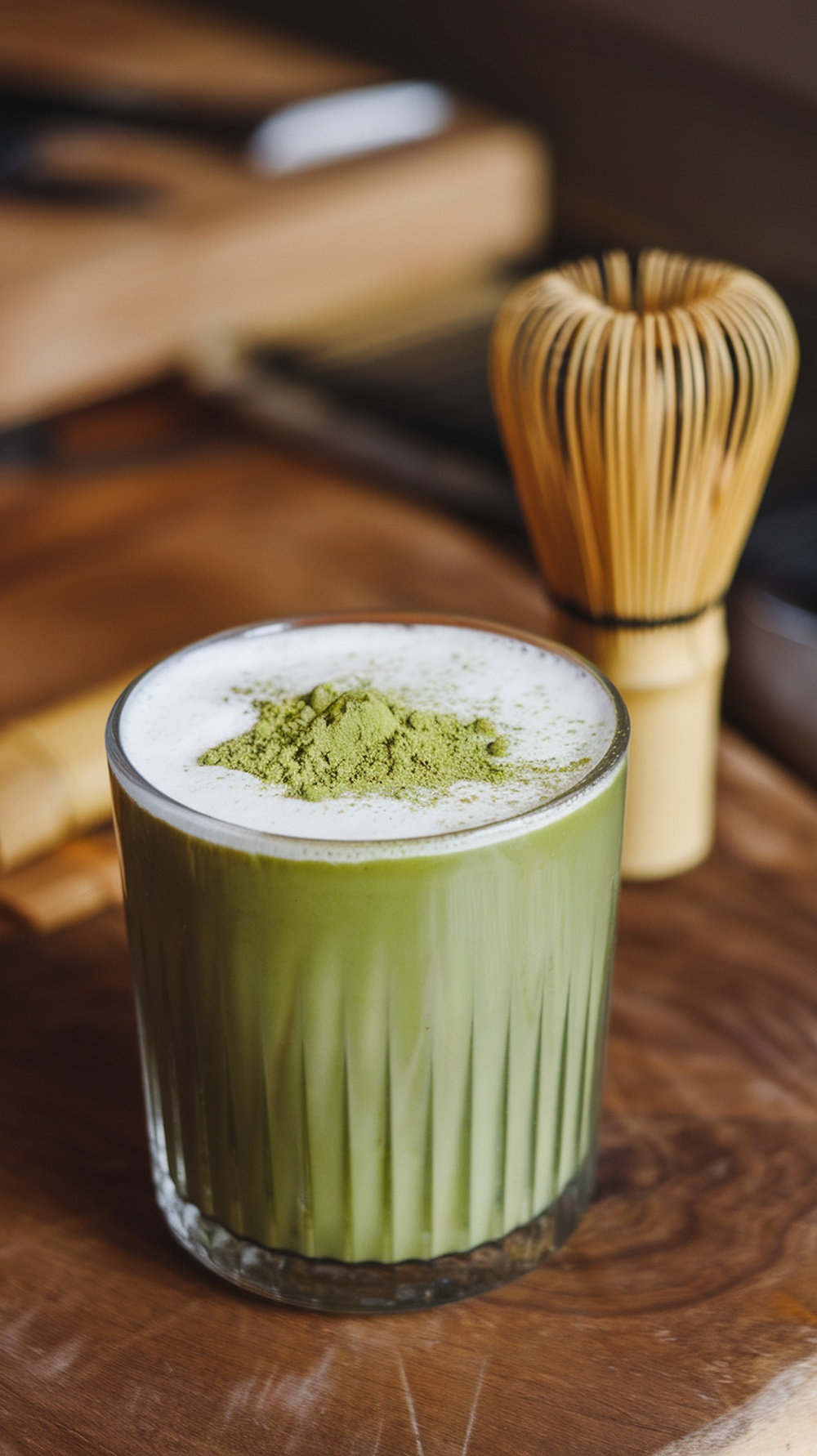 A refreshing matcha protein coffee drink garnished with matcha powder.