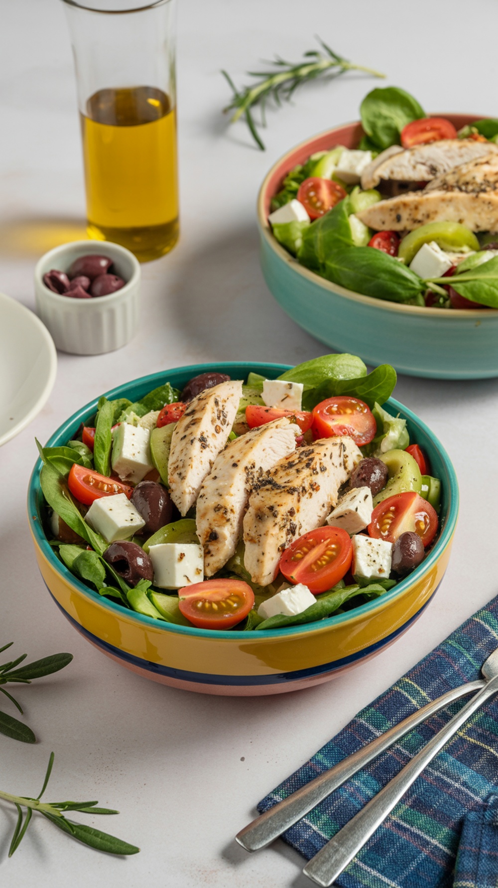A colorful Mediterranean chicken salad with grilled chicken, tomatoes, olives, and feta cheese.