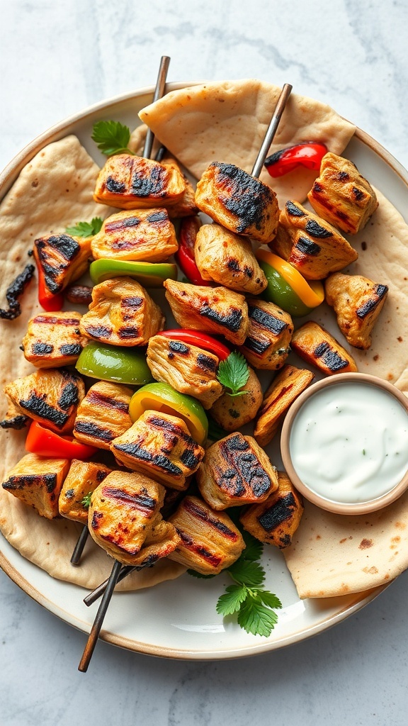 Grilled Mediterranean chicken skewers with colorful vegetables on a plate