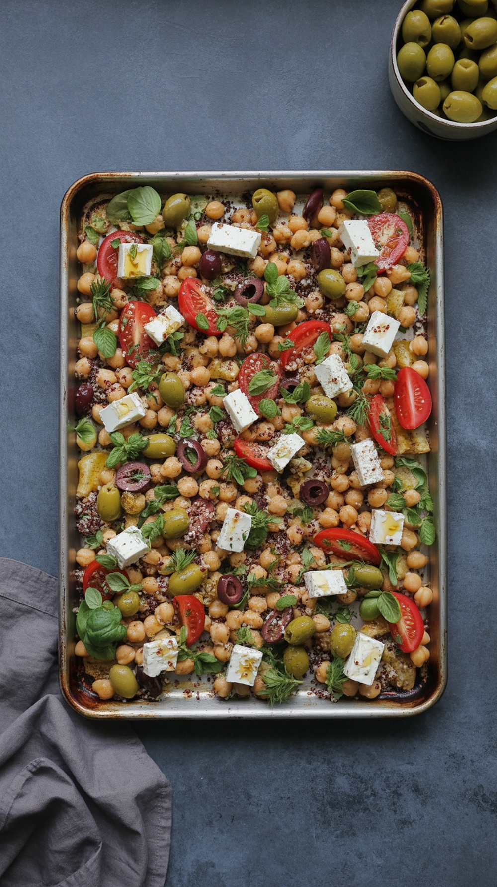 A vibrant sheet pan Mediterranean Chickpea and Quinoa Salad with colorful vegetables and feta cheese.