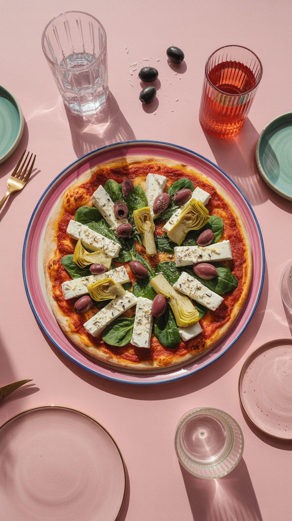A beautifully arranged Mediterranean Veggie Pizza with spinach, artichokes, feta, and olives on a colorful plate.
