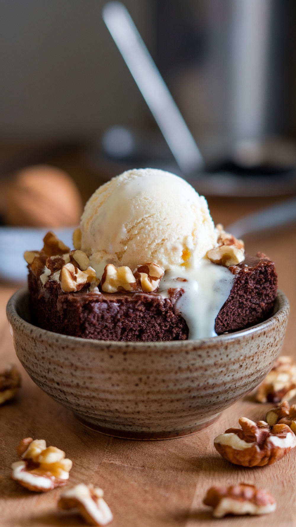 A bowl of warm microwave brownie topped with ice cream and walnuts.