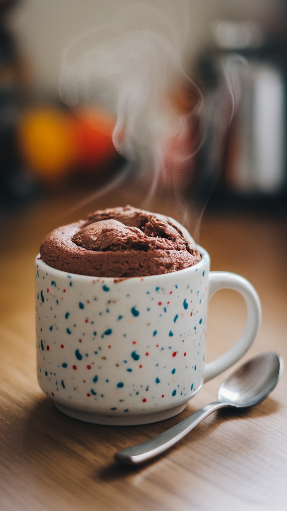 A steaming chocolate mug cake in a speckled mug with a spoon beside it.