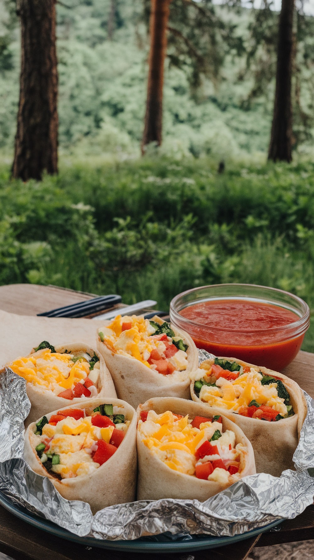 Mini breakfast burritos with salsa on a plate in a forest setting