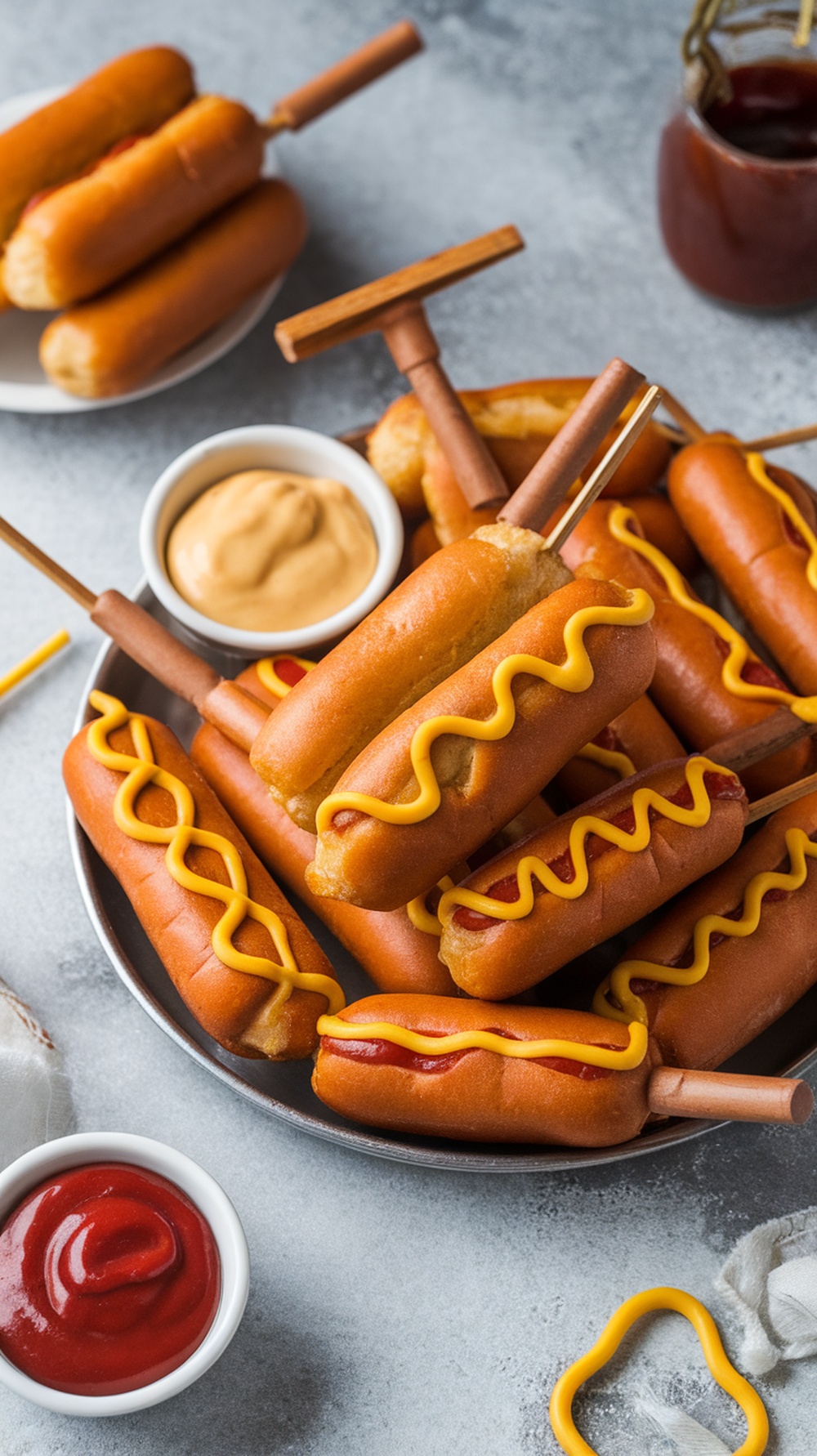A plate of mini corn dogs with ketchup and mustard on the side.