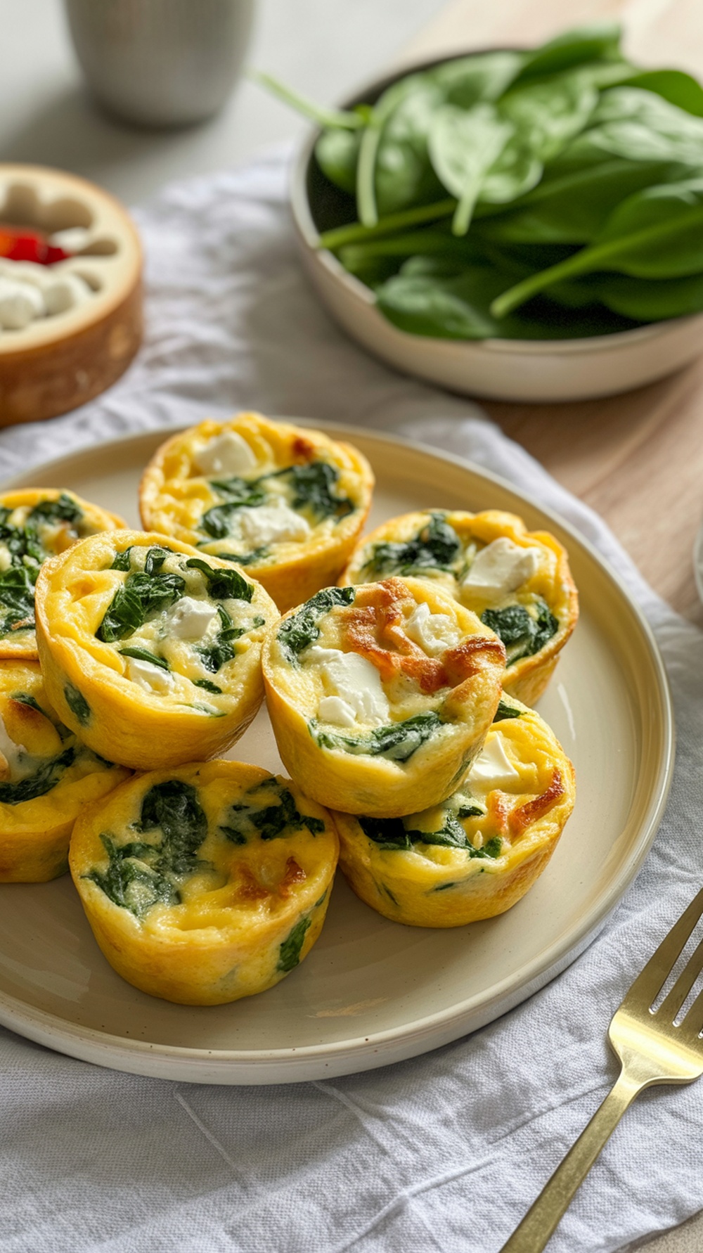 A plate of mini frittatas with spinach and feta.