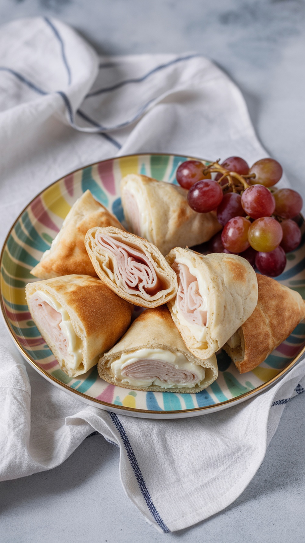 Mini pita pockets filled with turkey and cheese on a colorful plate, with grapes on the side.