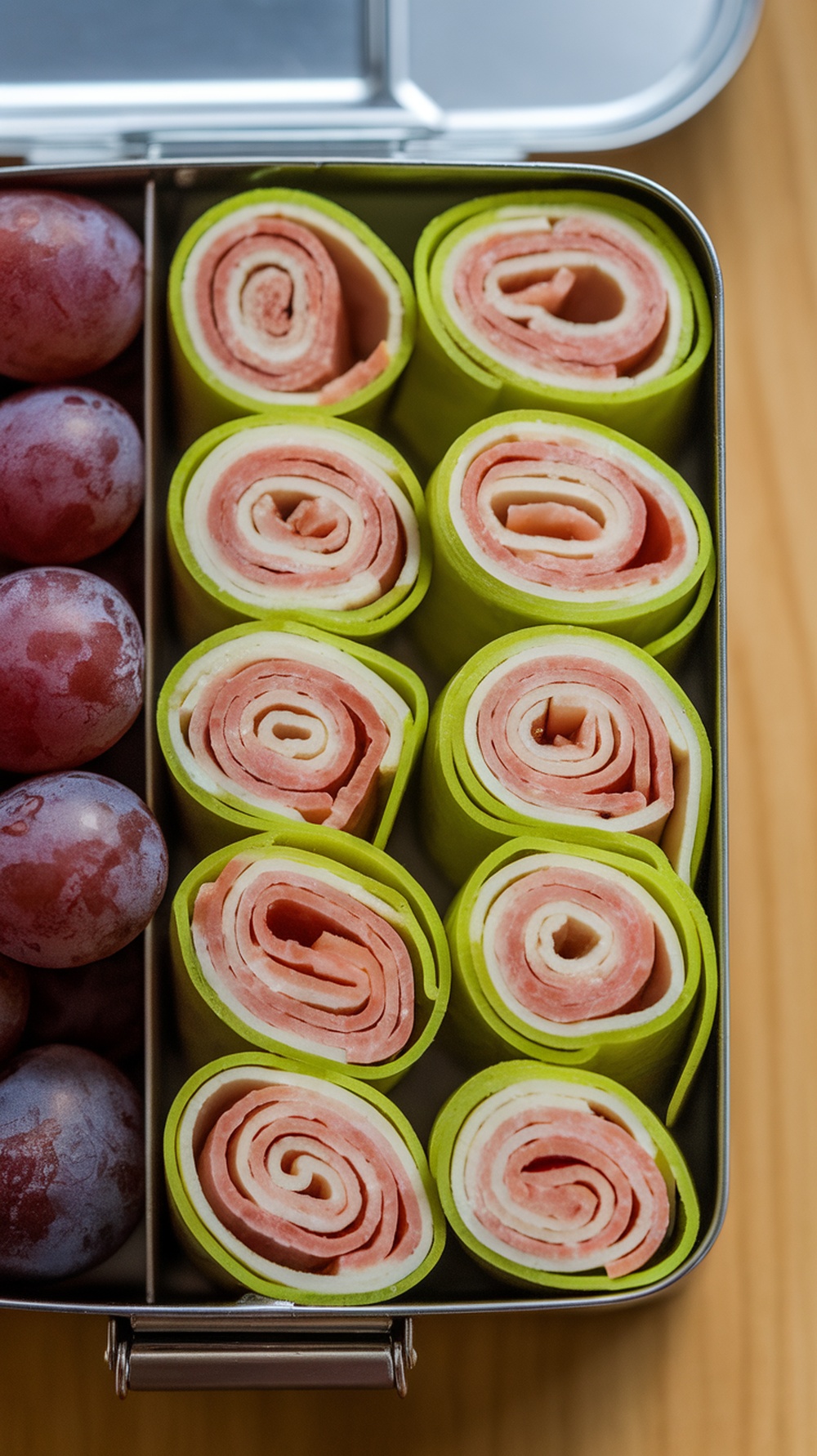 Mini turkey and cheese roll-ups in a lunch box alongside grapes.