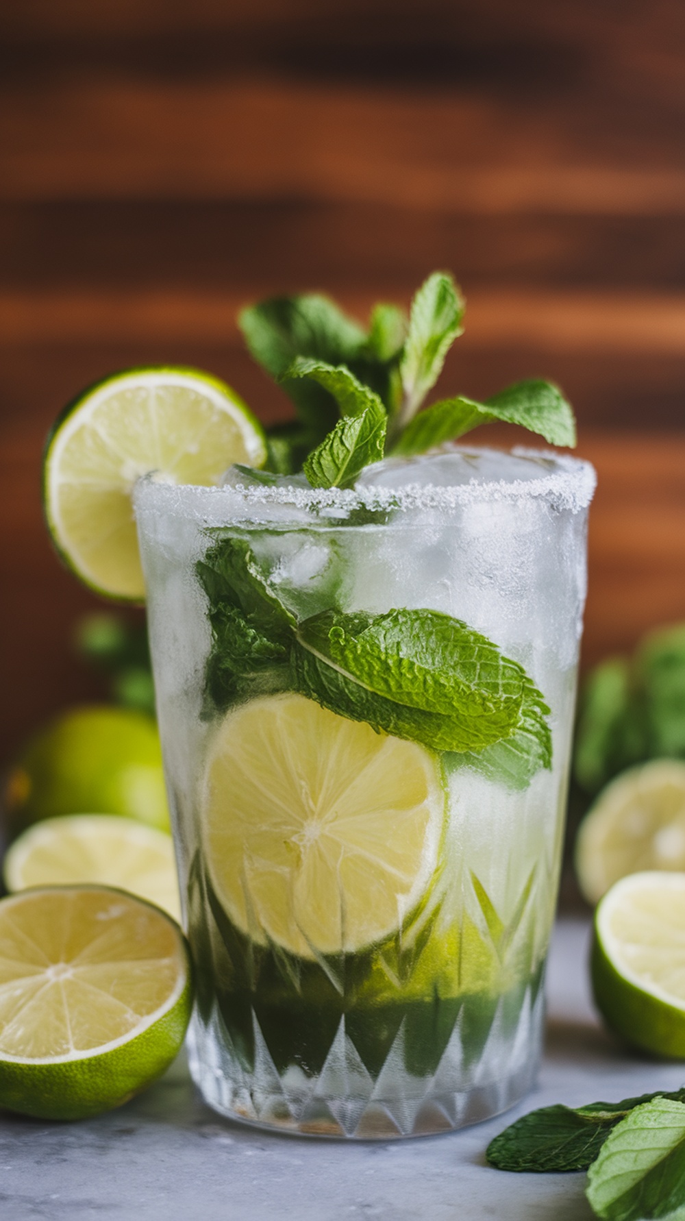 A refreshing Mint Lime Mojito Freeze served in a glass with garnishes.