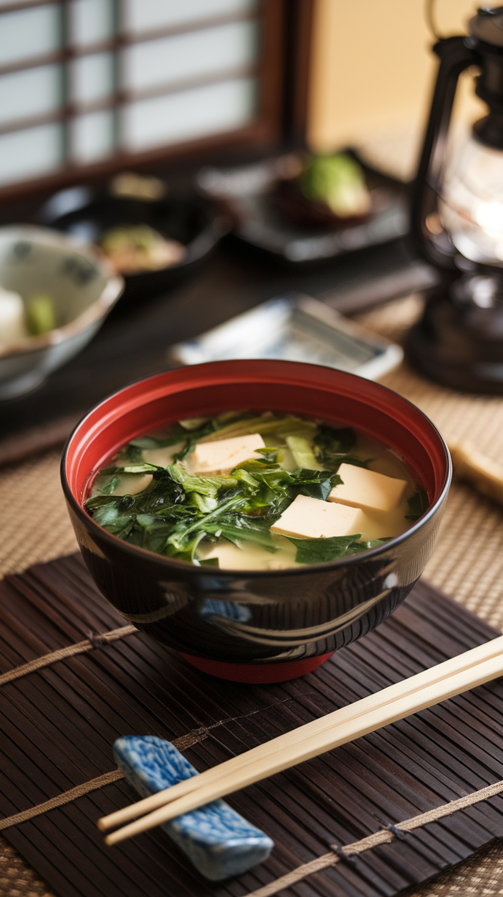 A bowl of miso soup with greens and tofu, served with chopsticks.