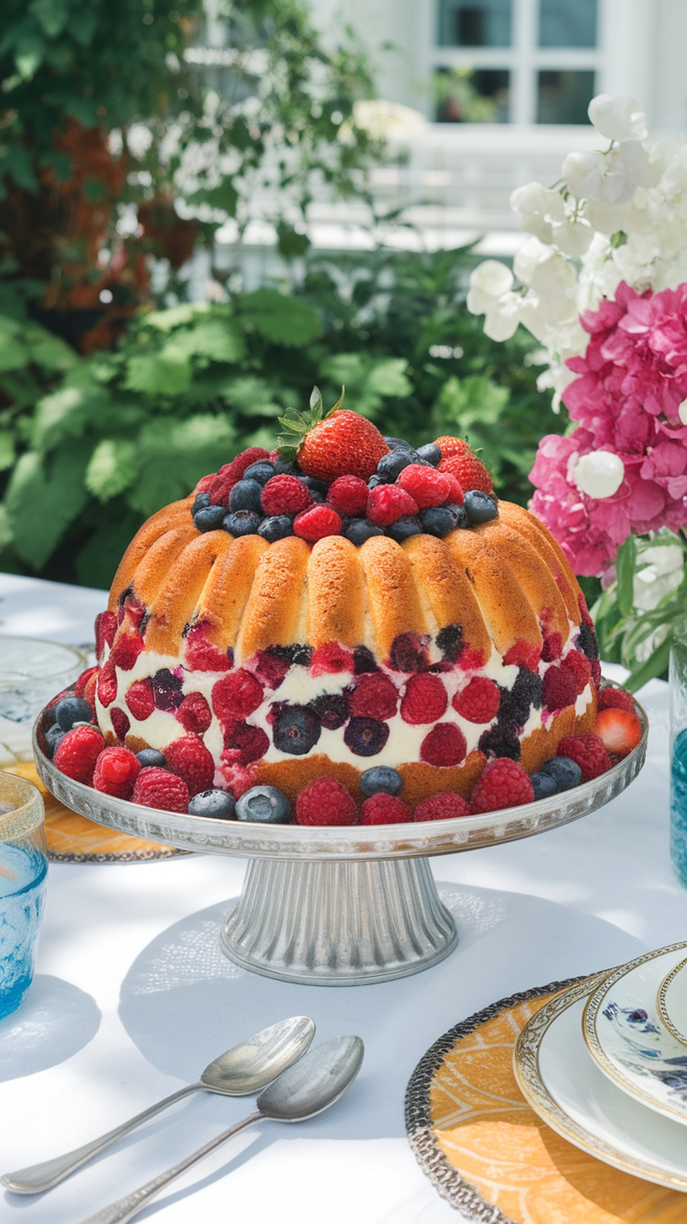 A beautifully decorated mixed berry dump cake on a silver platter surrounded by flowers.