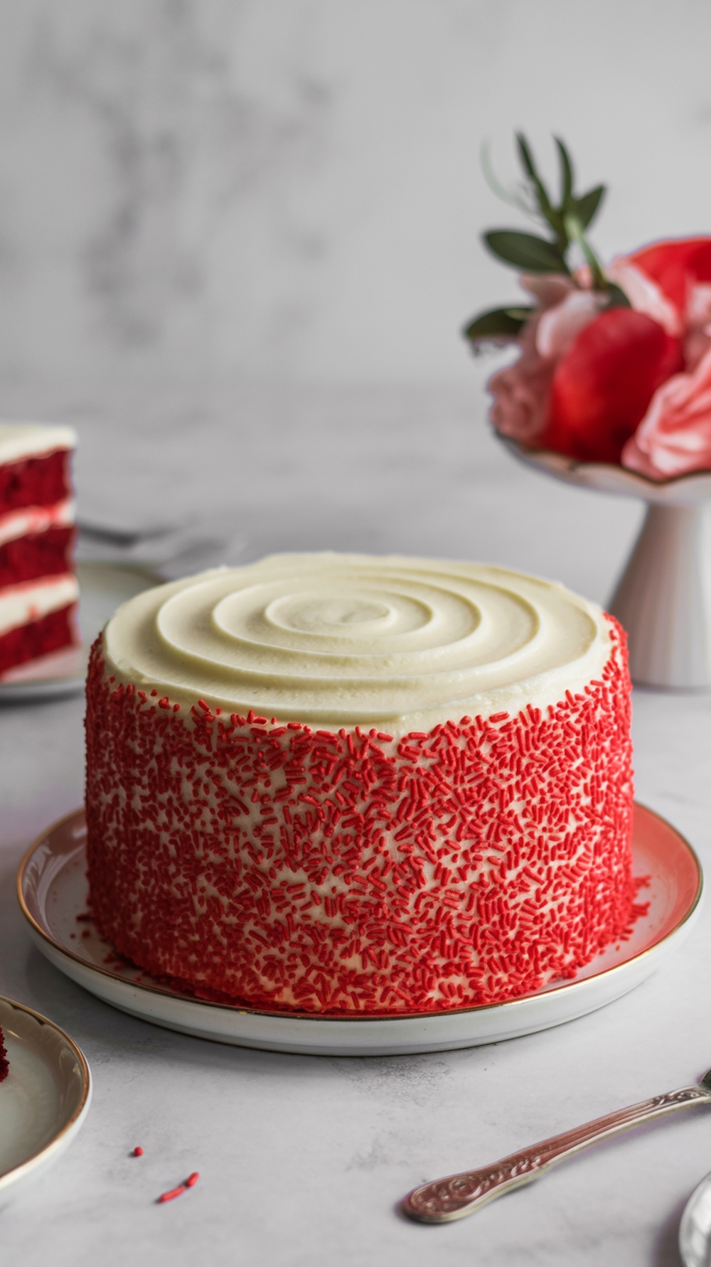 A beautifully decorated red velvet cake with cream cheese frosting and colorful sprinkles.