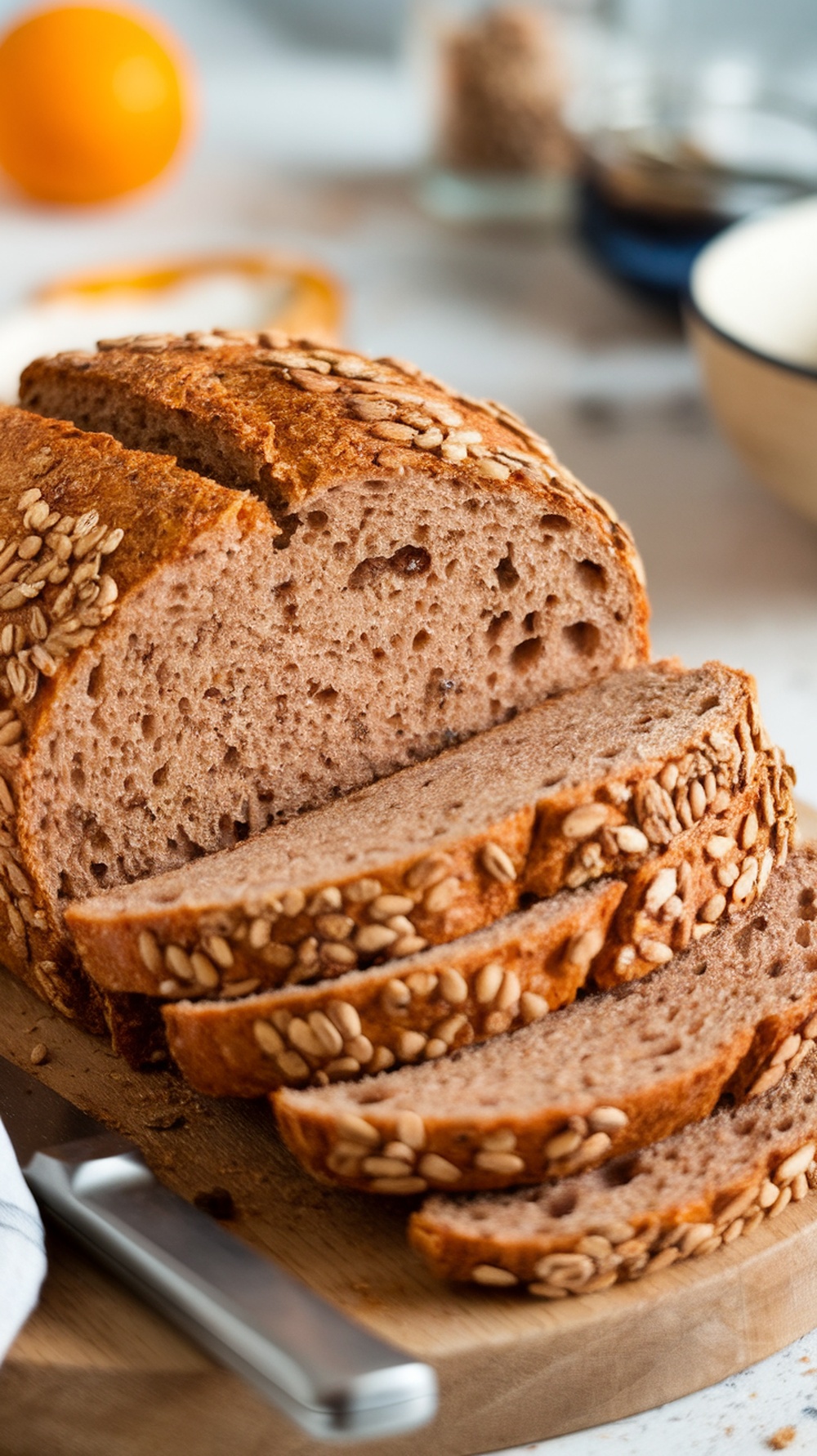 Sliced multigrain bread with seeds on a wooden cutting board