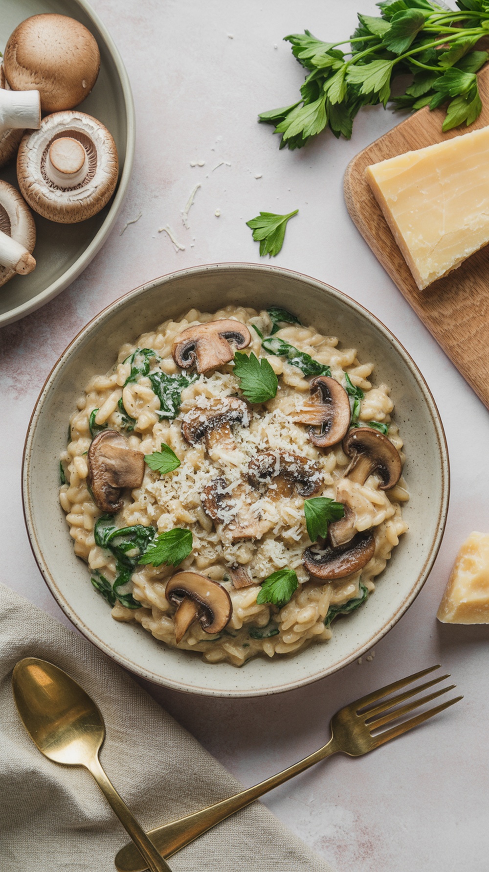 A bowl of Mushroom and Spinach Risotto topped with mushrooms and parsley, with a side of cheese and fresh ingredients.