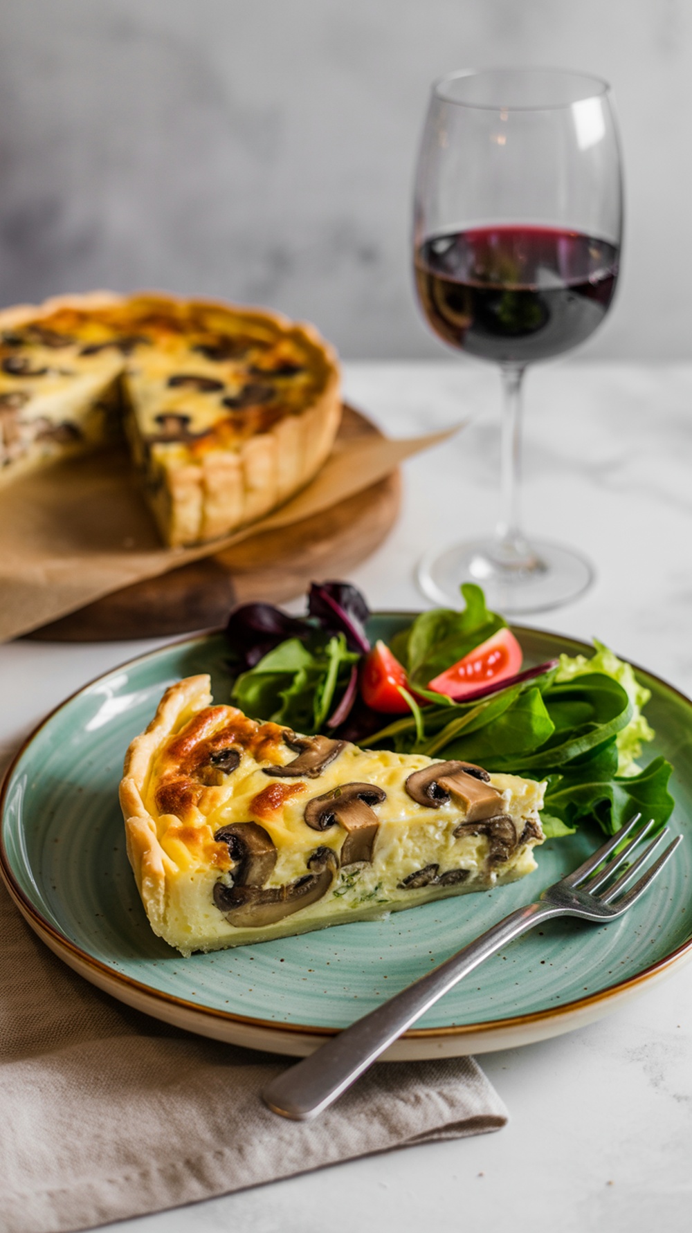 A slice of mushroom and Swiss cheese quiche on a plate with greens, accompanied by a glass of red wine.