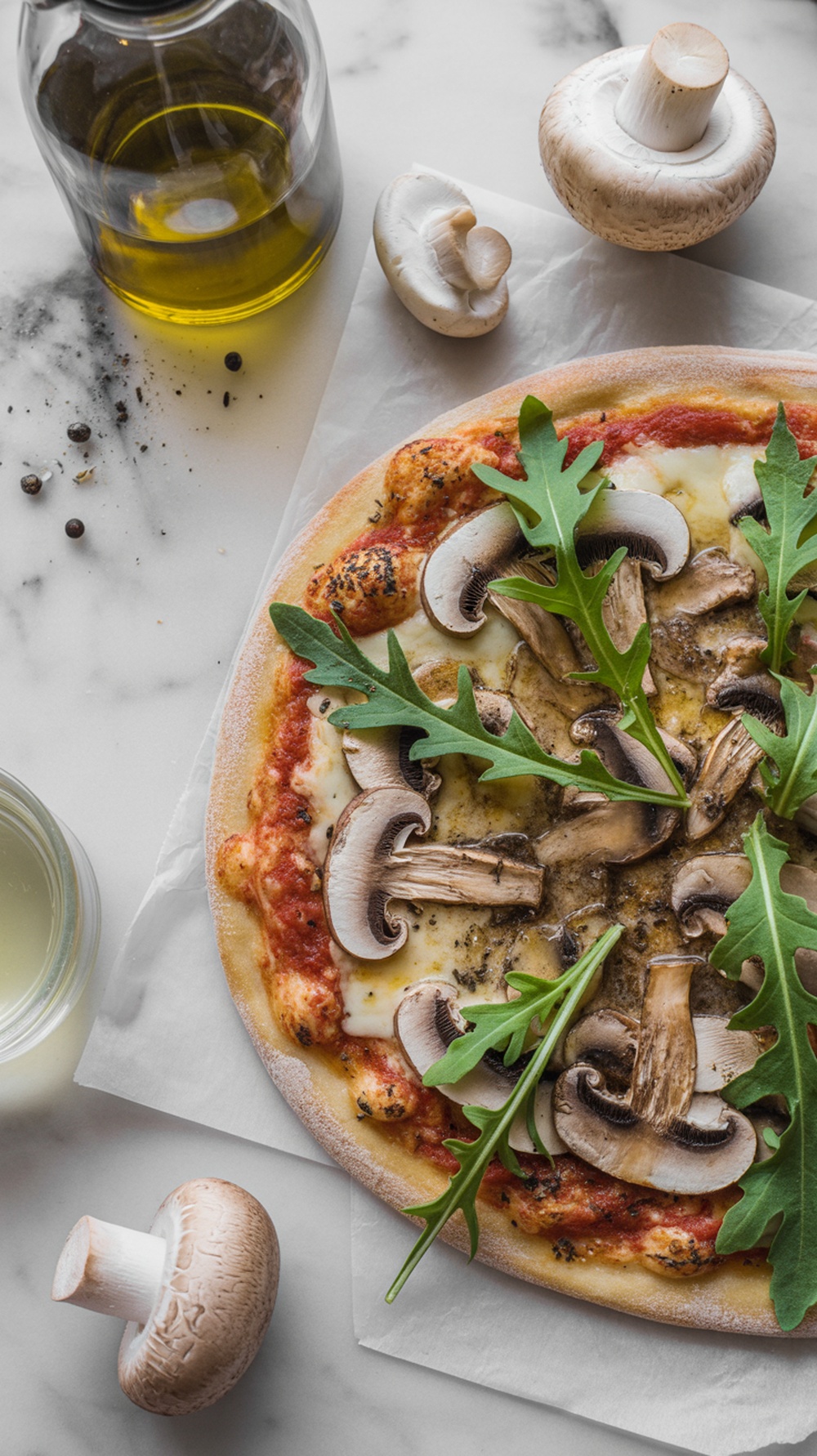 A delectable homemade pizza topped with mushrooms and arugula, accompanied by truffle oil.