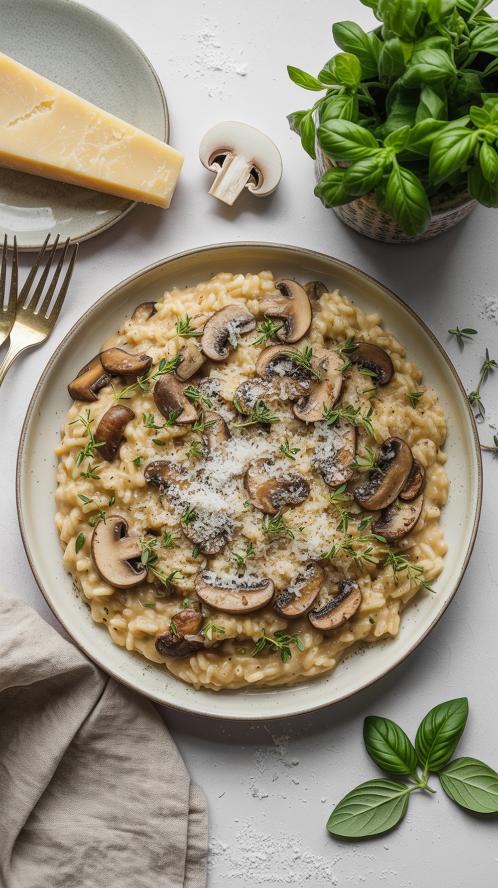 A plate of mushroom risotto topped with Parmesan cheese and garnished with herbs.