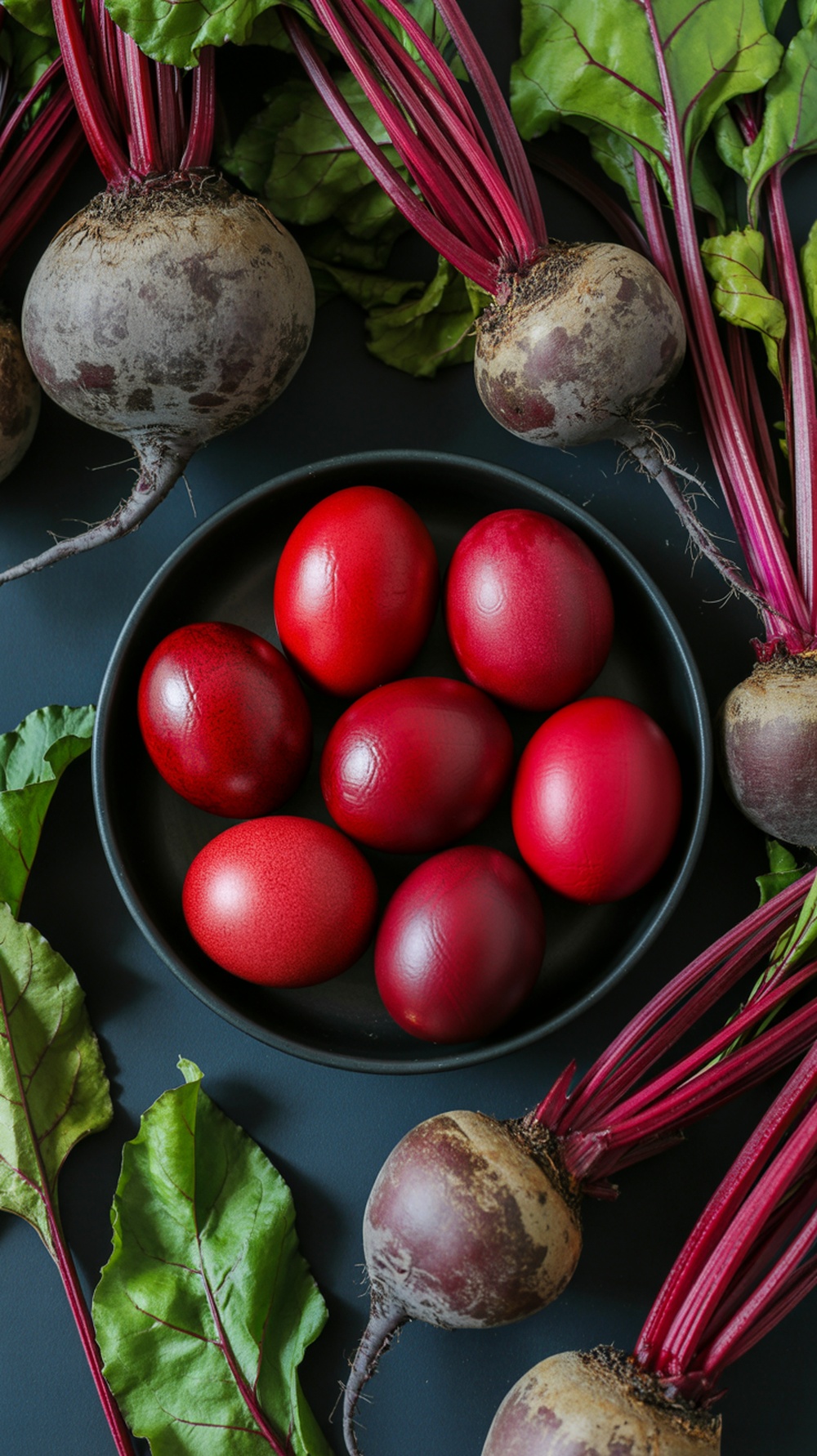 A plate of red-colored Easter eggs beside fresh beets.