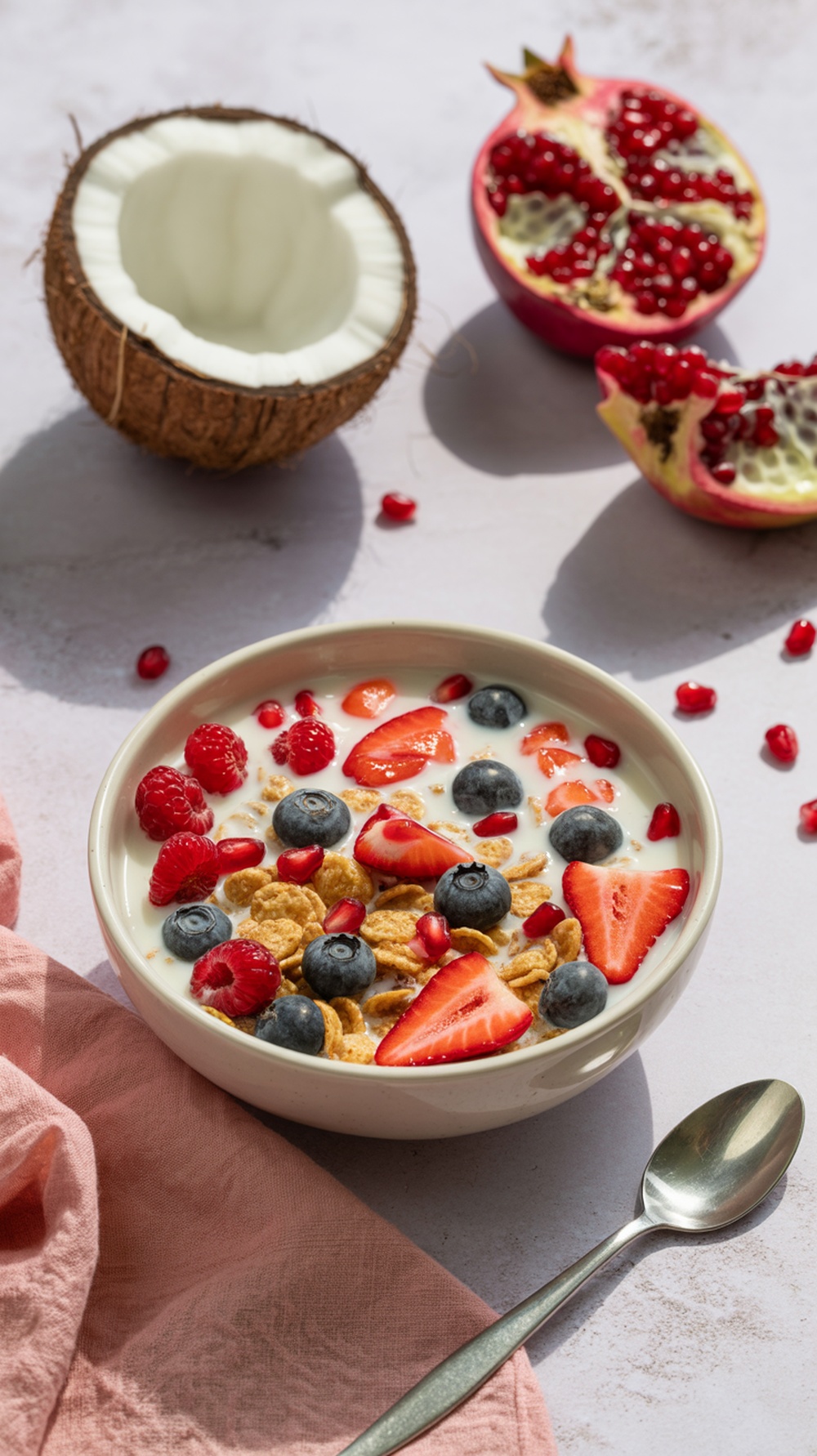 A bowl of Nature's Cereal with strawberries, blueberries, raspberries, and pomegranate seeds, surrounded by a coconut and a pomegranate.