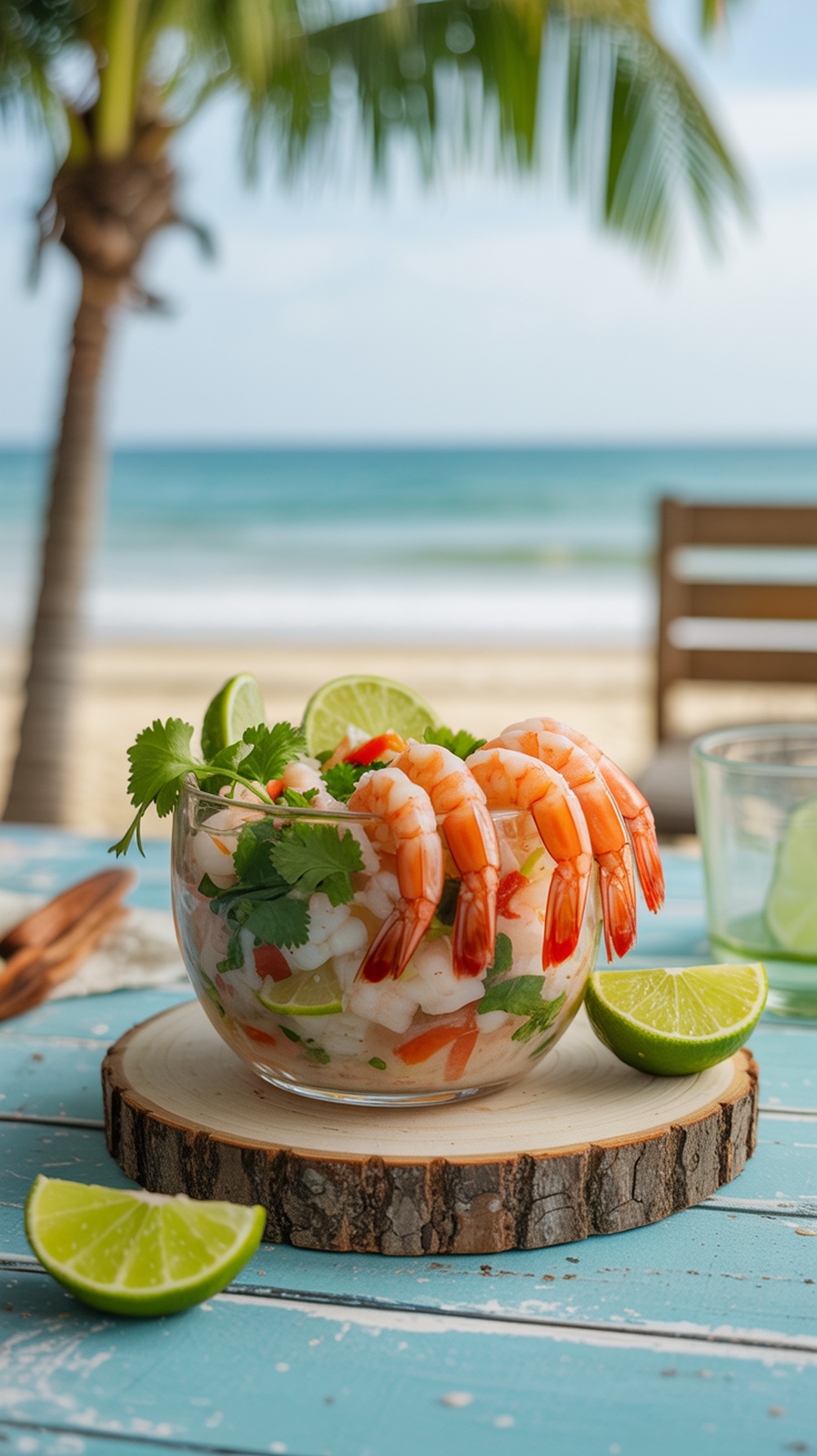 A vibrant bowl of shrimp ceviche with lime and cilantro on a beach background.