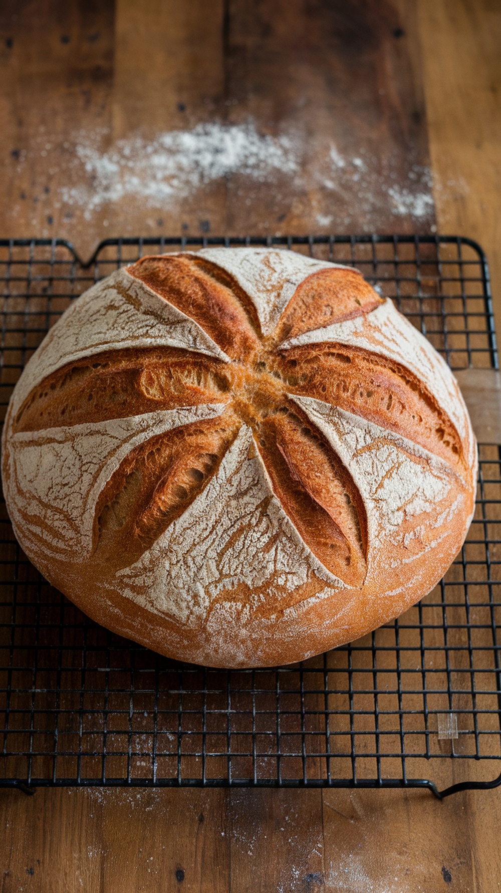 A freshly baked loaf of no-knead artisan bread on a cooling rack.