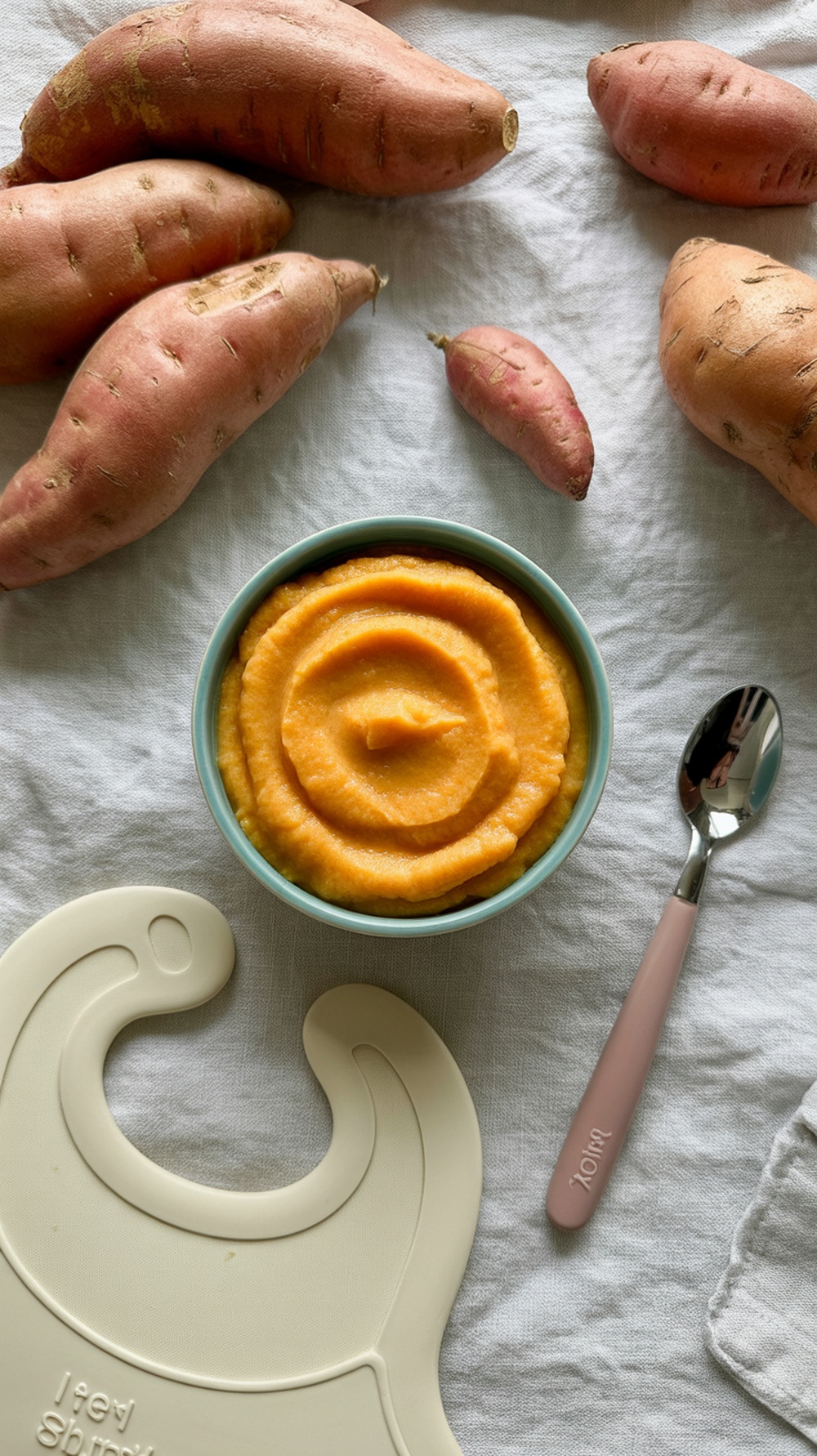 A bowl of homemade sweet potato puree surrounded by whole sweet potatoes.