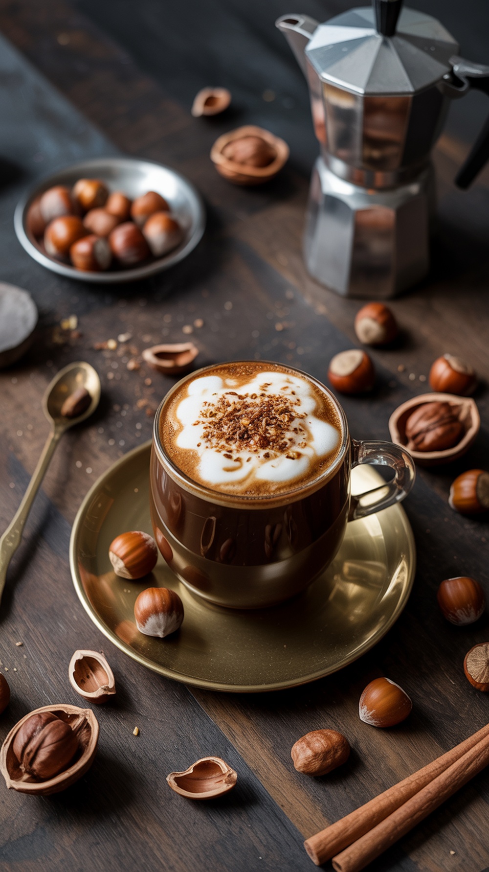 A cup of Nutty Hazelnut Coffee topped with frothy milk and crushed hazelnuts, surrounded by whole hazelnuts and a coffee maker.