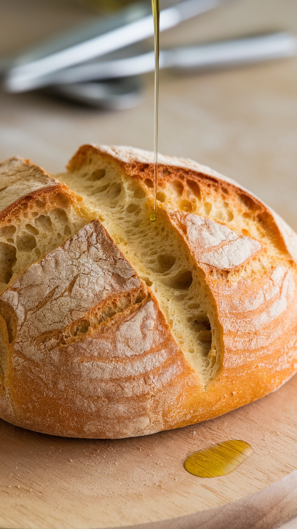 A close-up of freshly baked ciabatta bread with olive oil being drizzled on top.