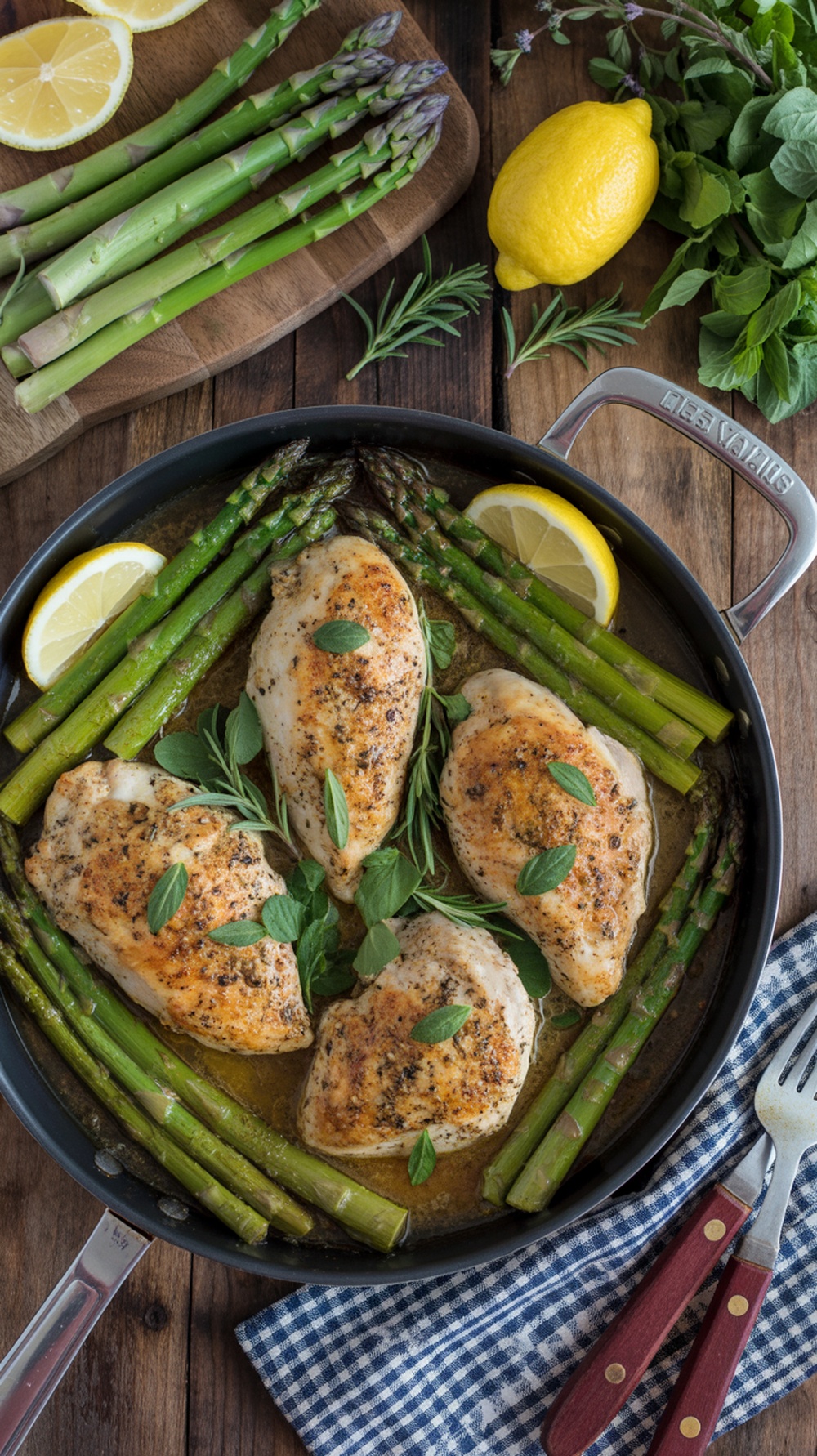 One-Pan Lemon Garlic Chicken and Asparagus with lemon slices and fresh herbs